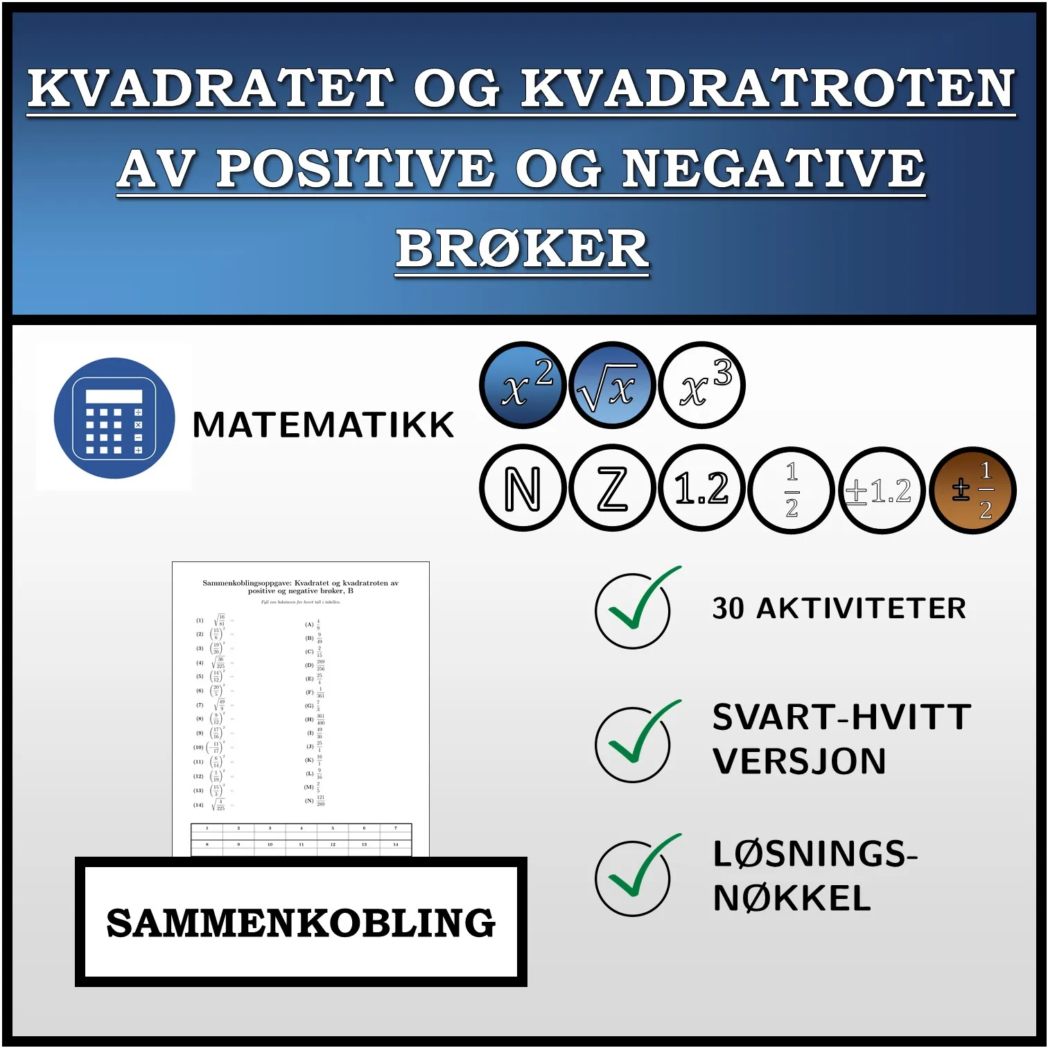Sammenkoblingsoppgave: Kvadratet og kvadratroten av positive og negative brøker