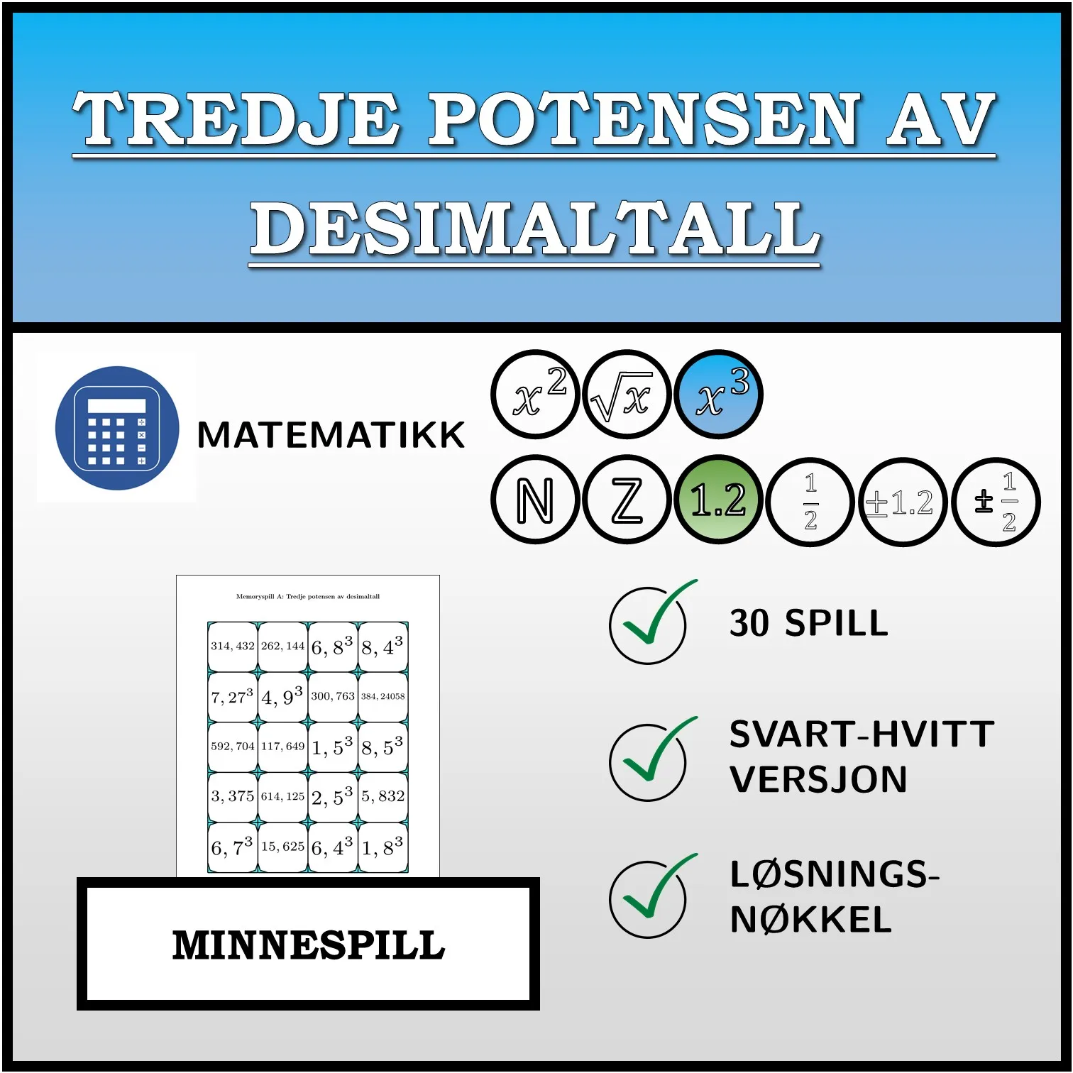 Memoryspill: Tredje potensen av desimaltall