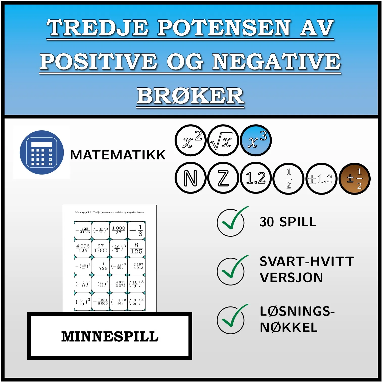 Memoryspill: Tredje potensen av positive og negative brøker