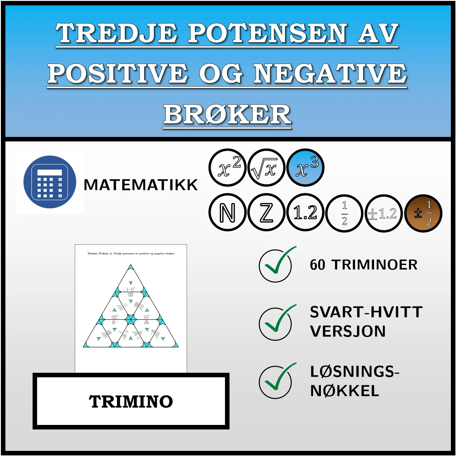 Trimino: Tredje potensen av positive og negative brøker