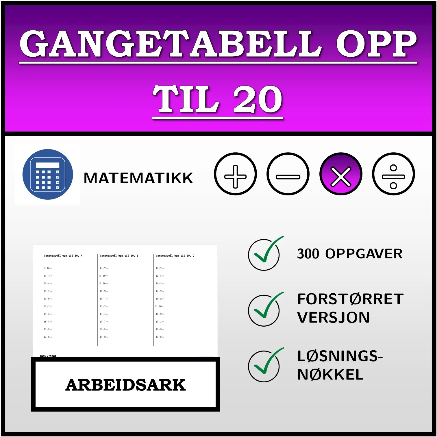 Arbeidsark: Gangetabell opp til 20