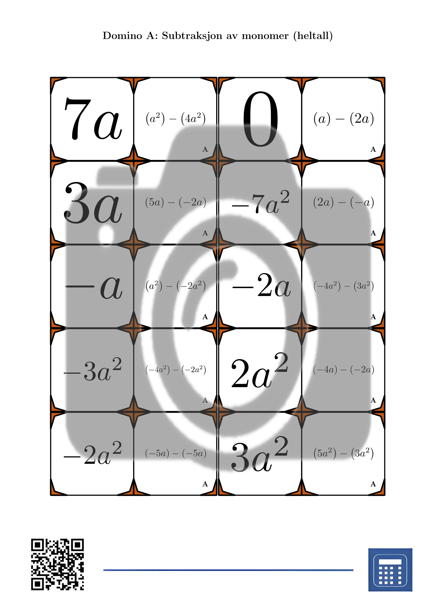 Domino: Subtraksjon av monomer (heltall) - Bilde 2
