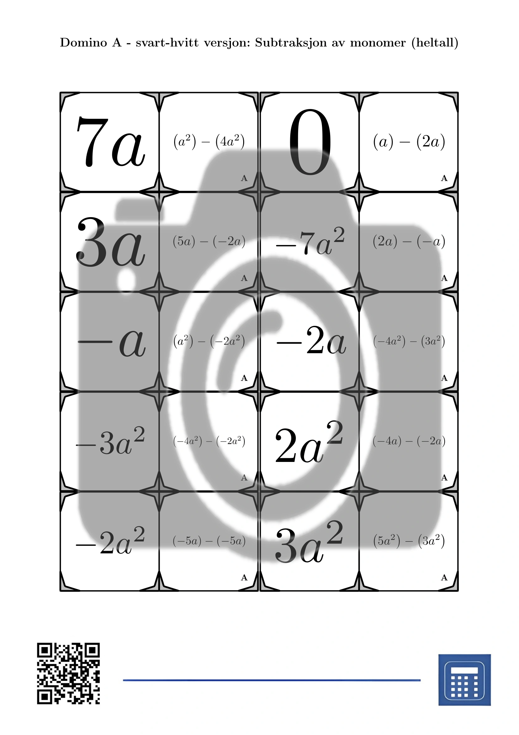 Domino: Subtraksjon av monomer (heltall) - Bilde 3