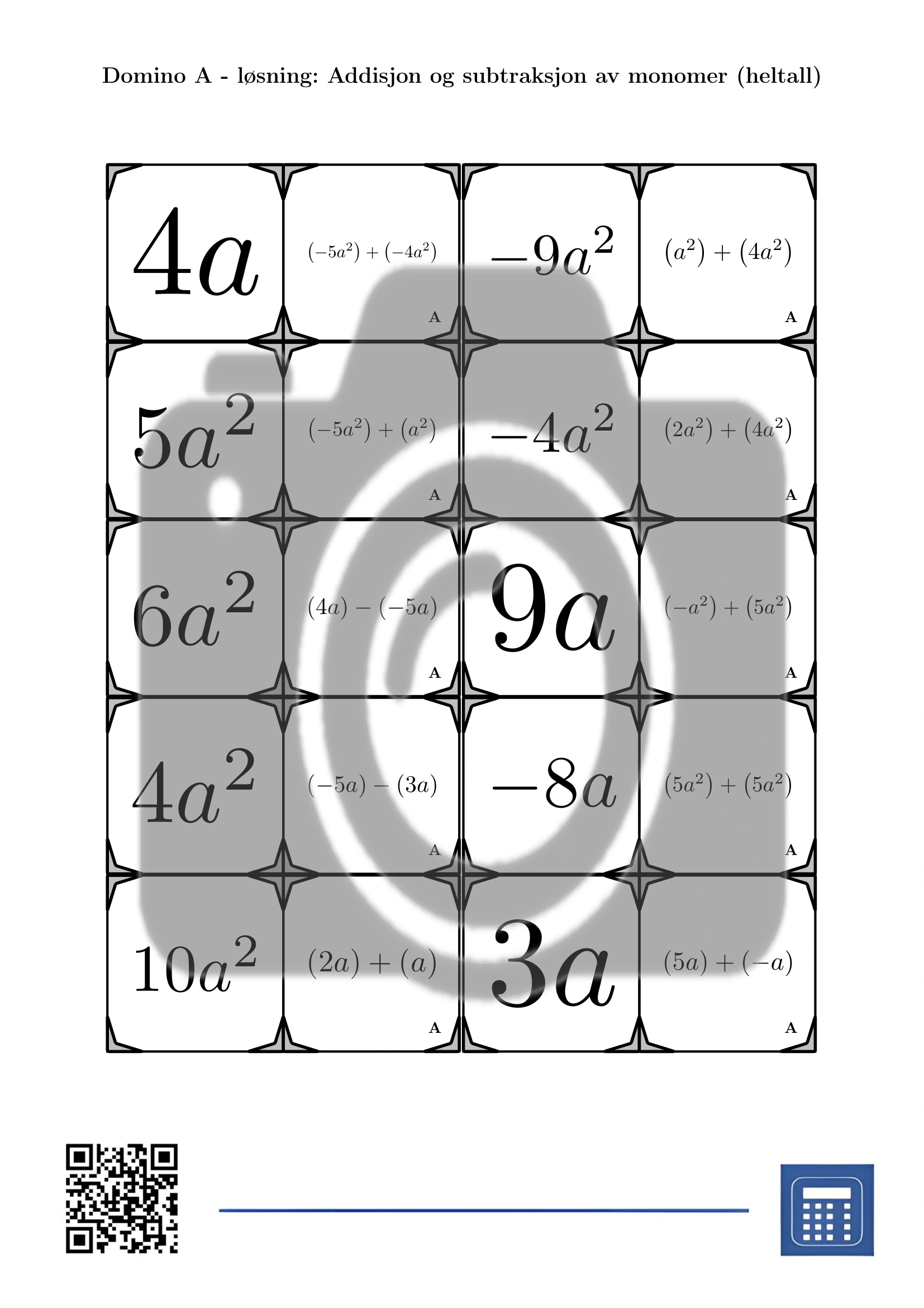 Domino: Addisjon og subtraksjon av monomer (heltall) - Bilde 4
