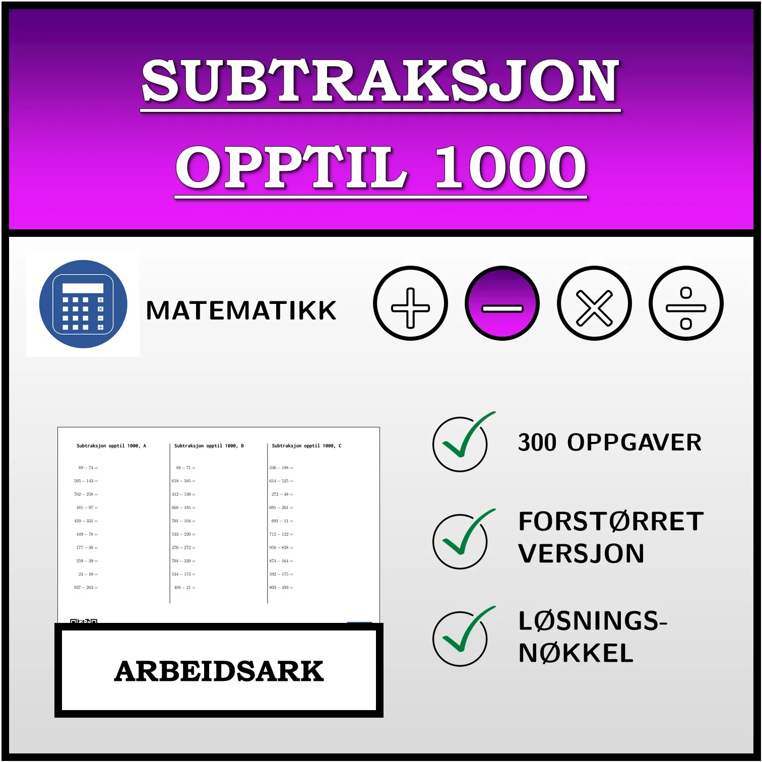 Arbeidsark: Subtraksjon opptil 1000