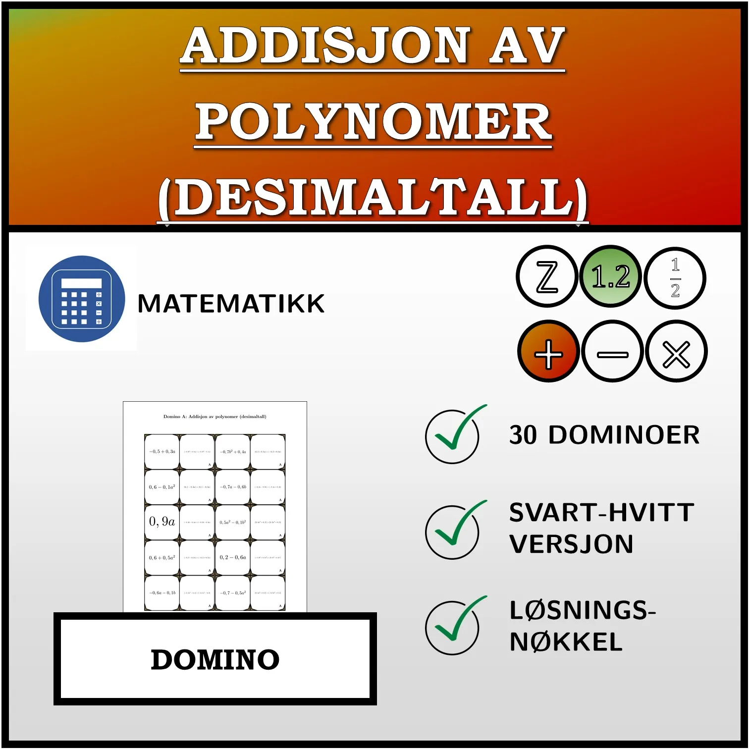 Domino: Addisjon av polynomer (desimaltall)