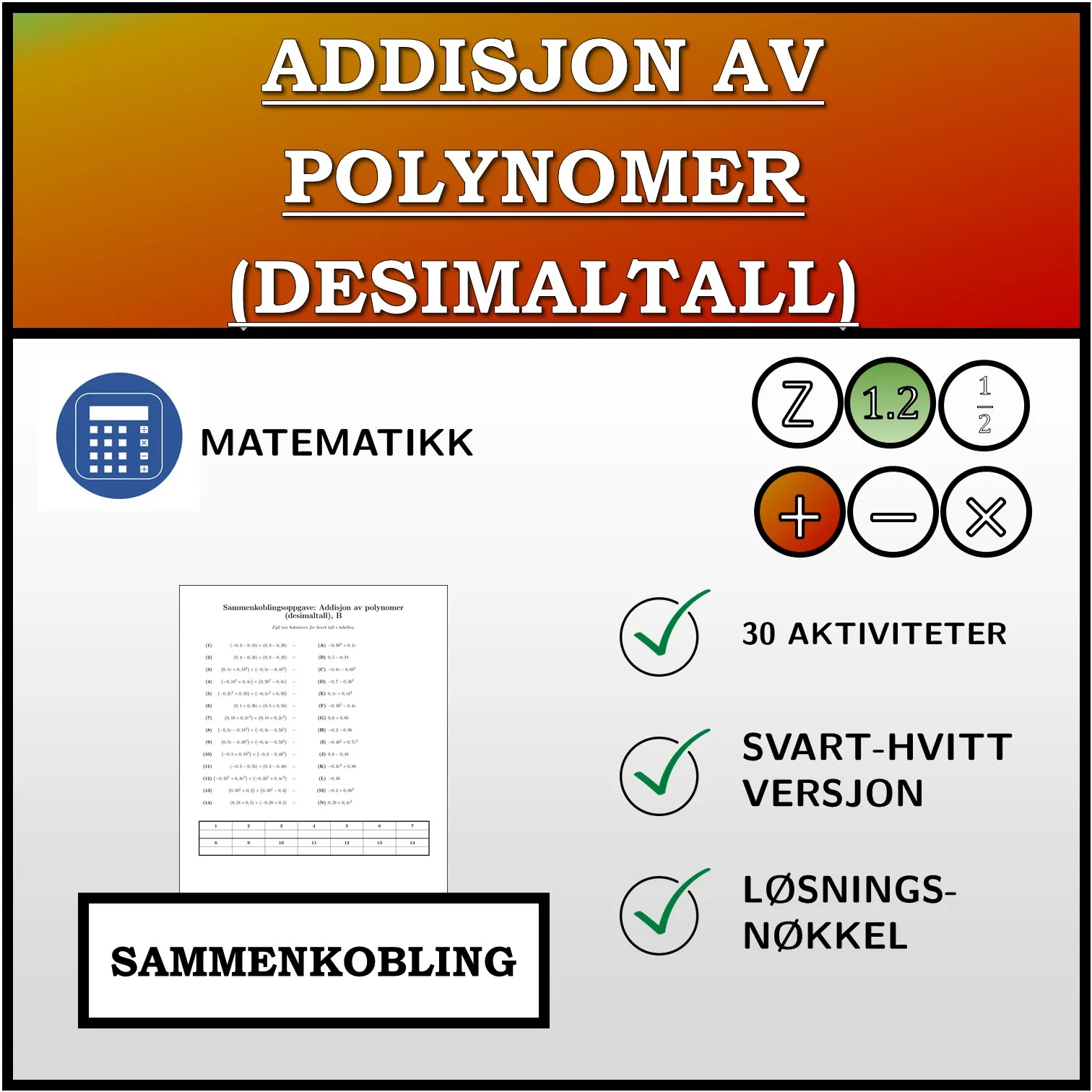 Sammenkoblingsoppgave: Addisjon av polynomer (desimaltall)