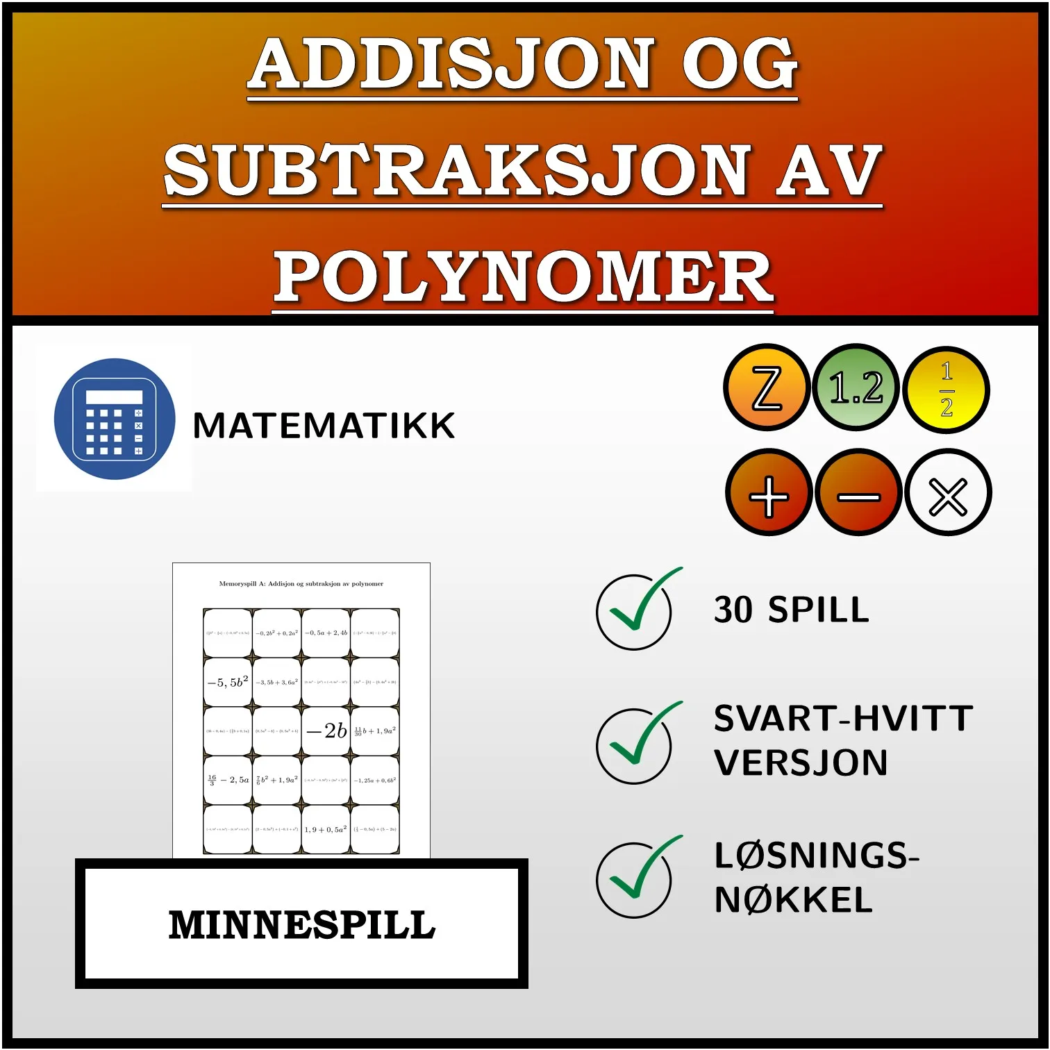 Memoryspill: Addisjon og subtraksjon av polynomer
