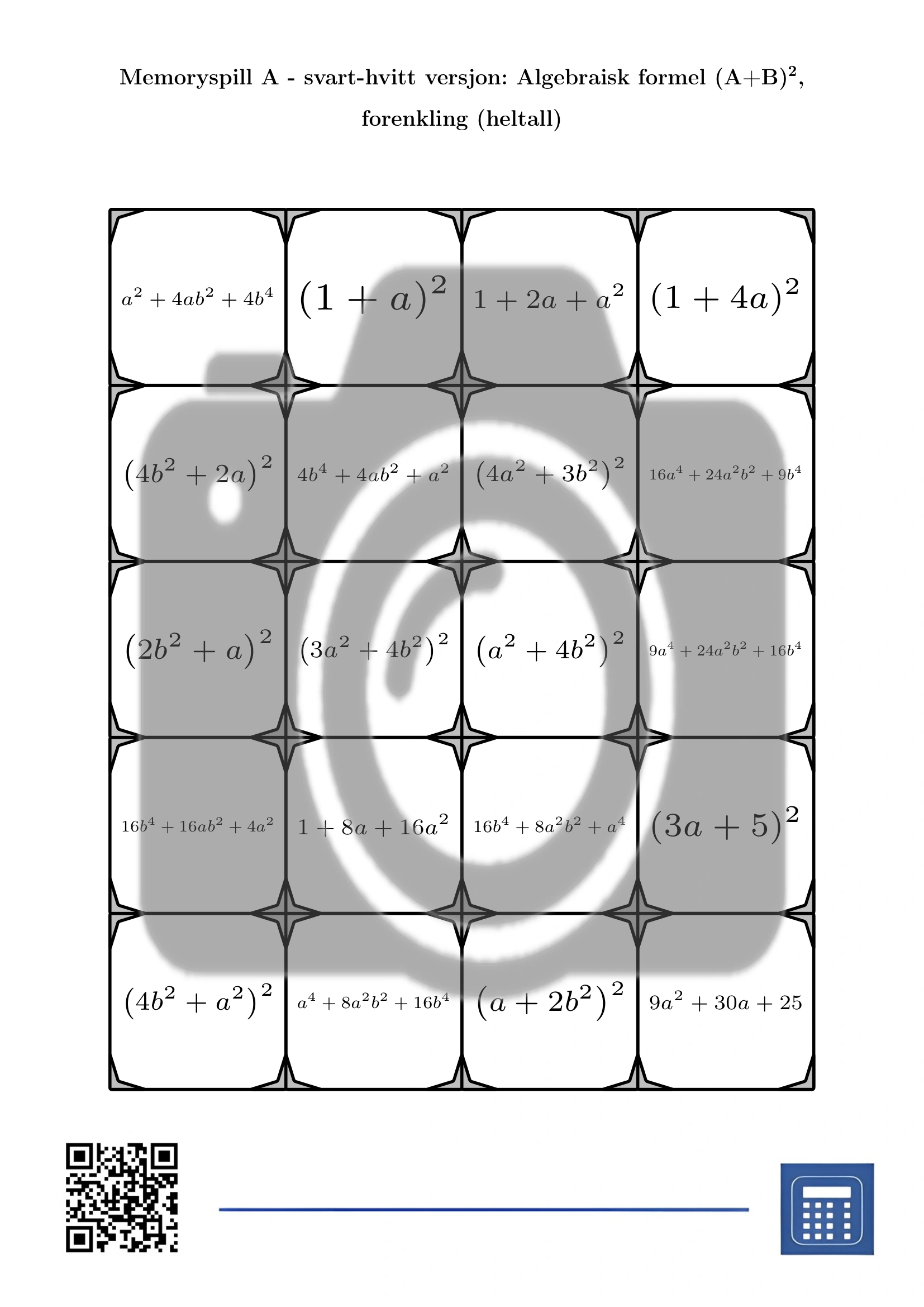 Memoryspill: Algebraisk formel (A+B)², forenkling (heltall) - Bilde 3