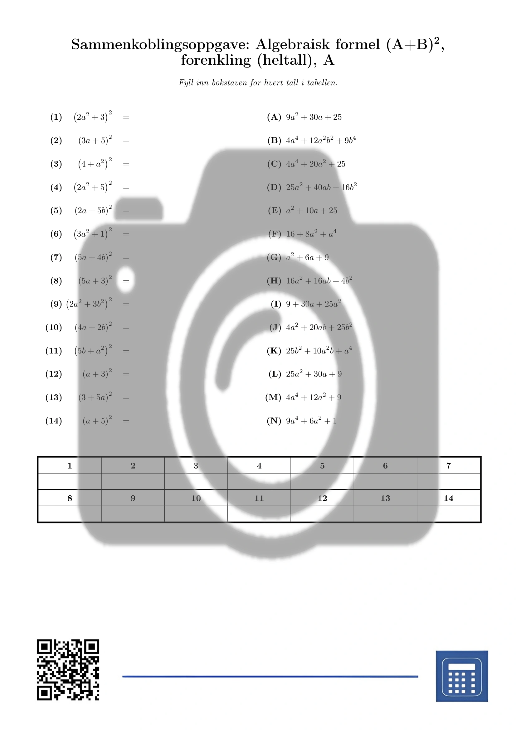 Sammenkoblingsoppgave: Algebraisk formel (A+B)², forenkling (heltall) - Bilde 2