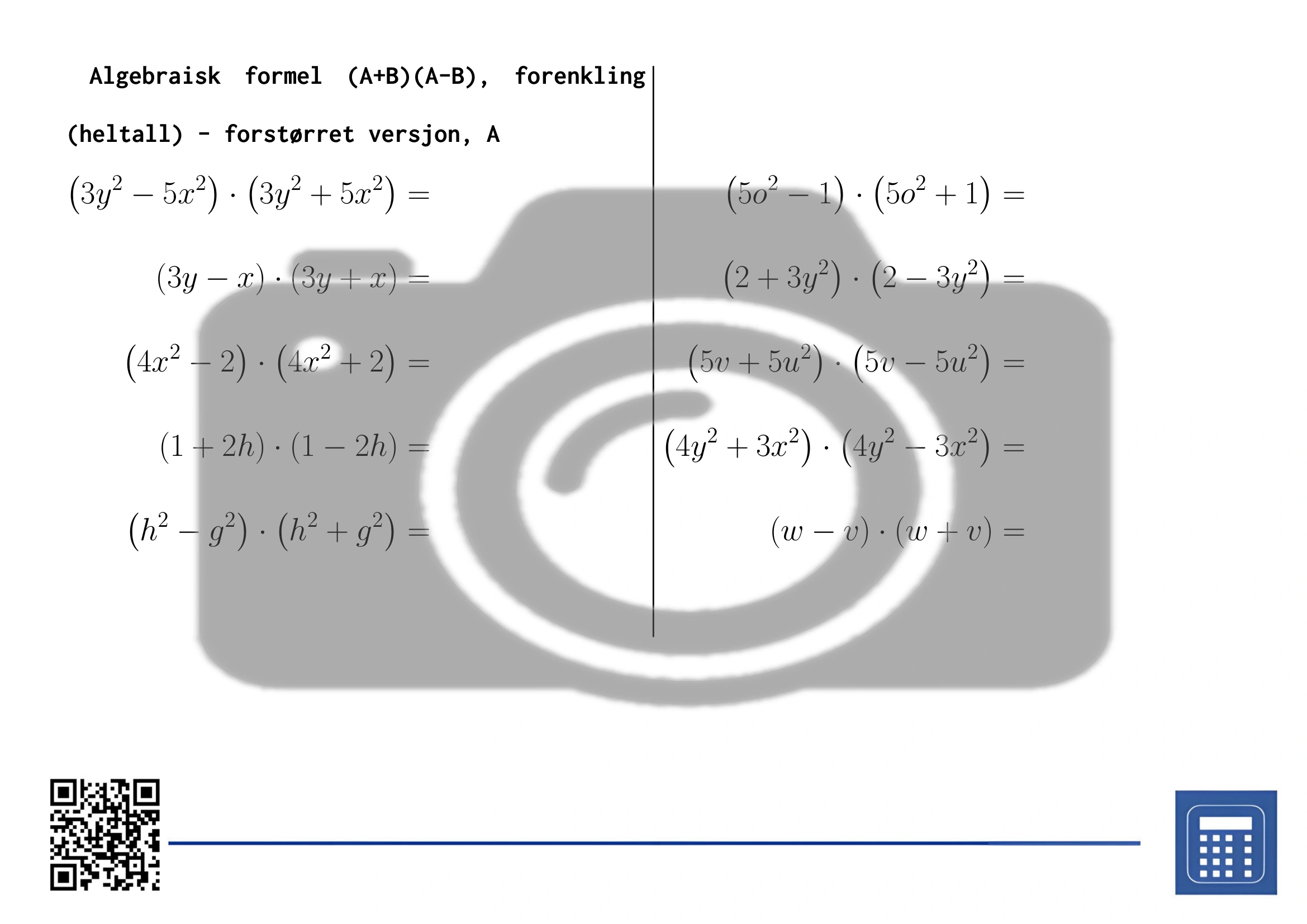 Arbeidsark: Algebraisk formel (A+B)(A-B), forenkling (heltall) - Bilde 3