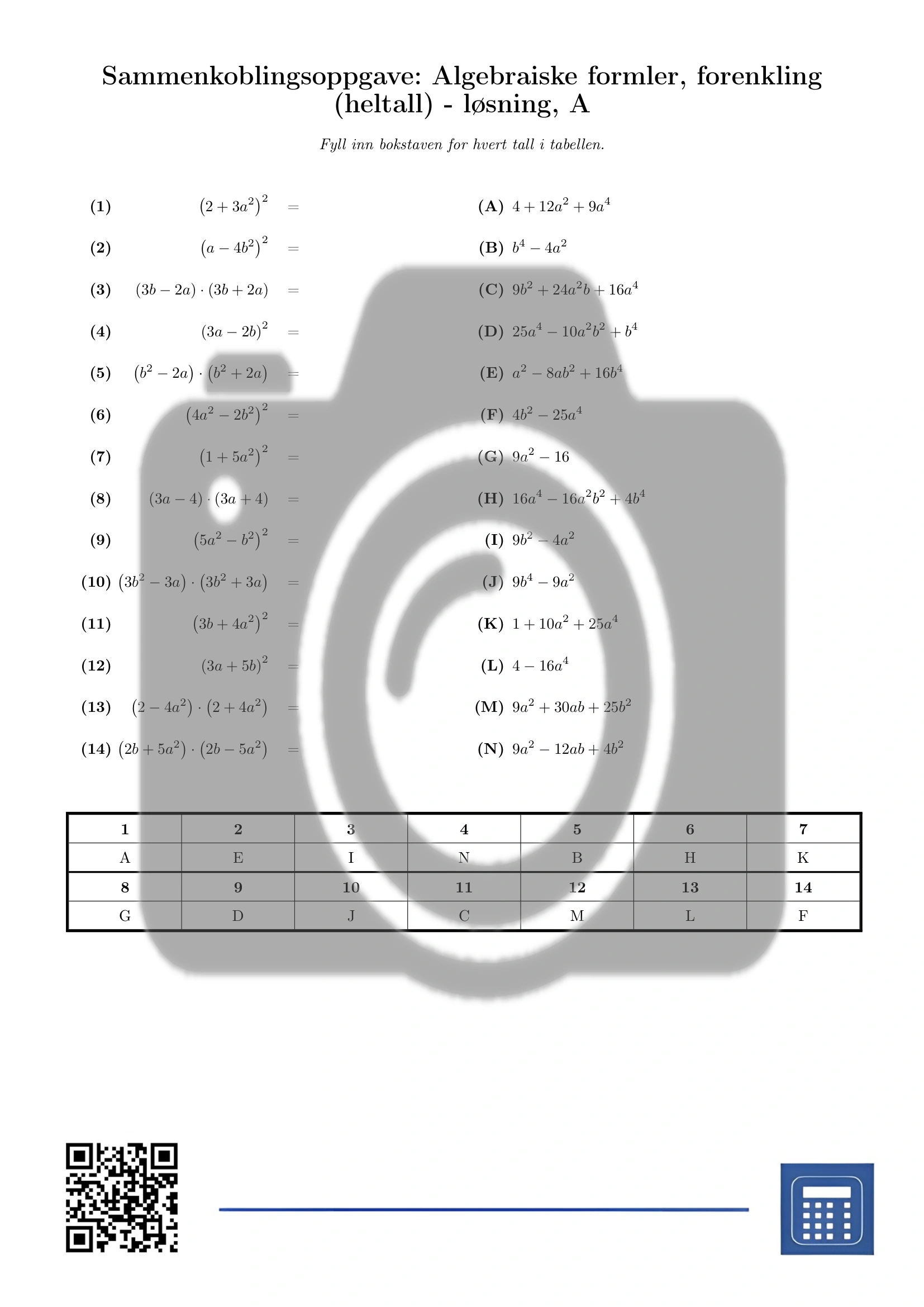 Sammenkoblingsoppgave: Algebraiske formler, forenkling (heltall) - Bilde 3
