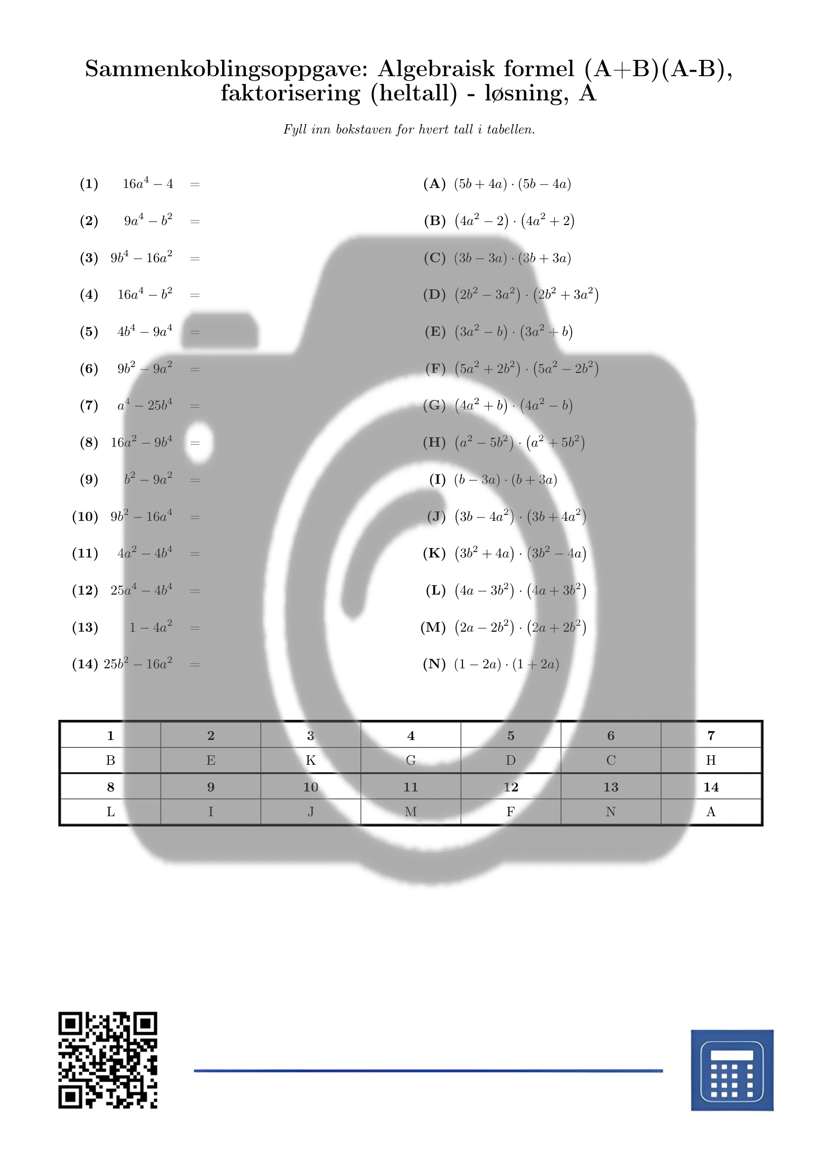 Sammenkoblingsoppgave: Algebraisk formel (A+B)(A-B), faktorisering (heltall) - Bilde 3