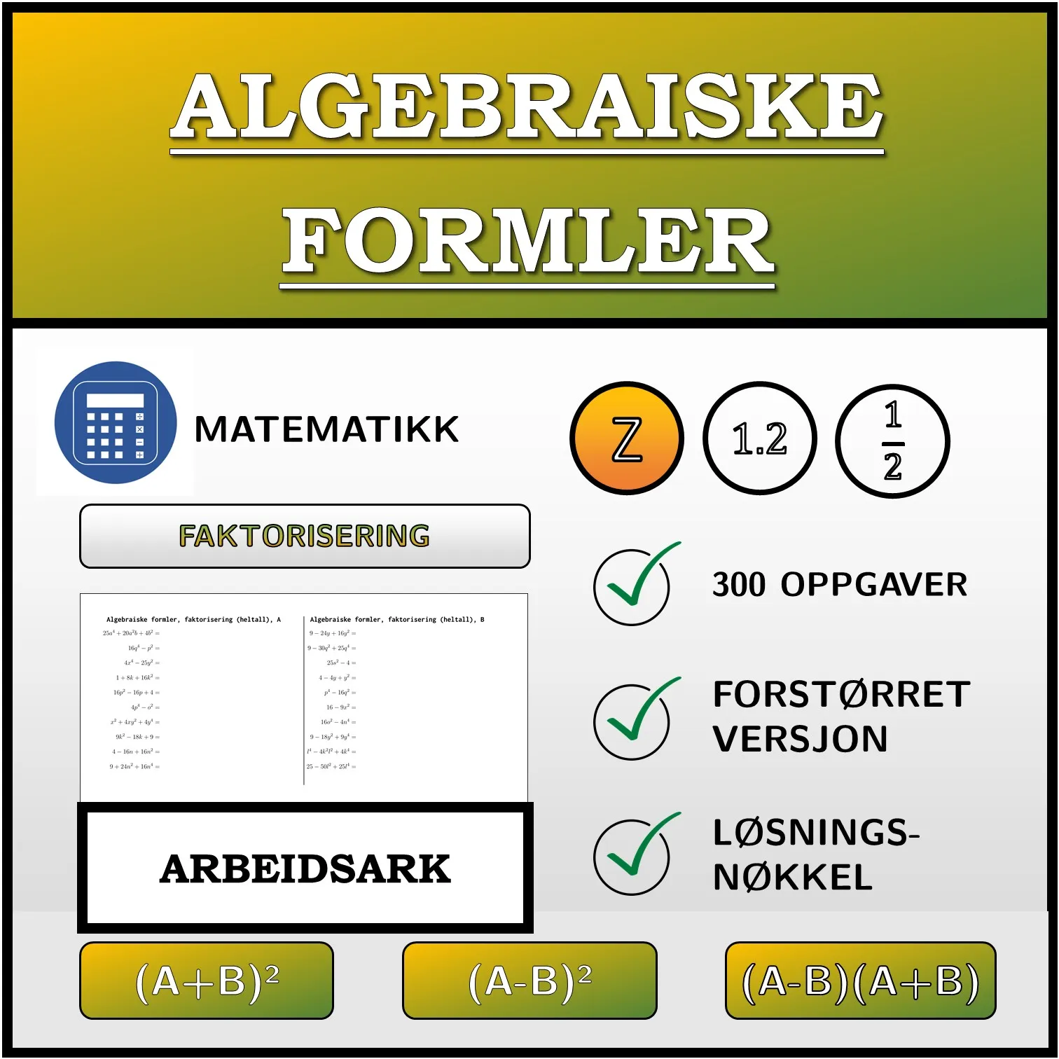 Arbeidsark: Algebraiske formler, faktorisering (heltall)