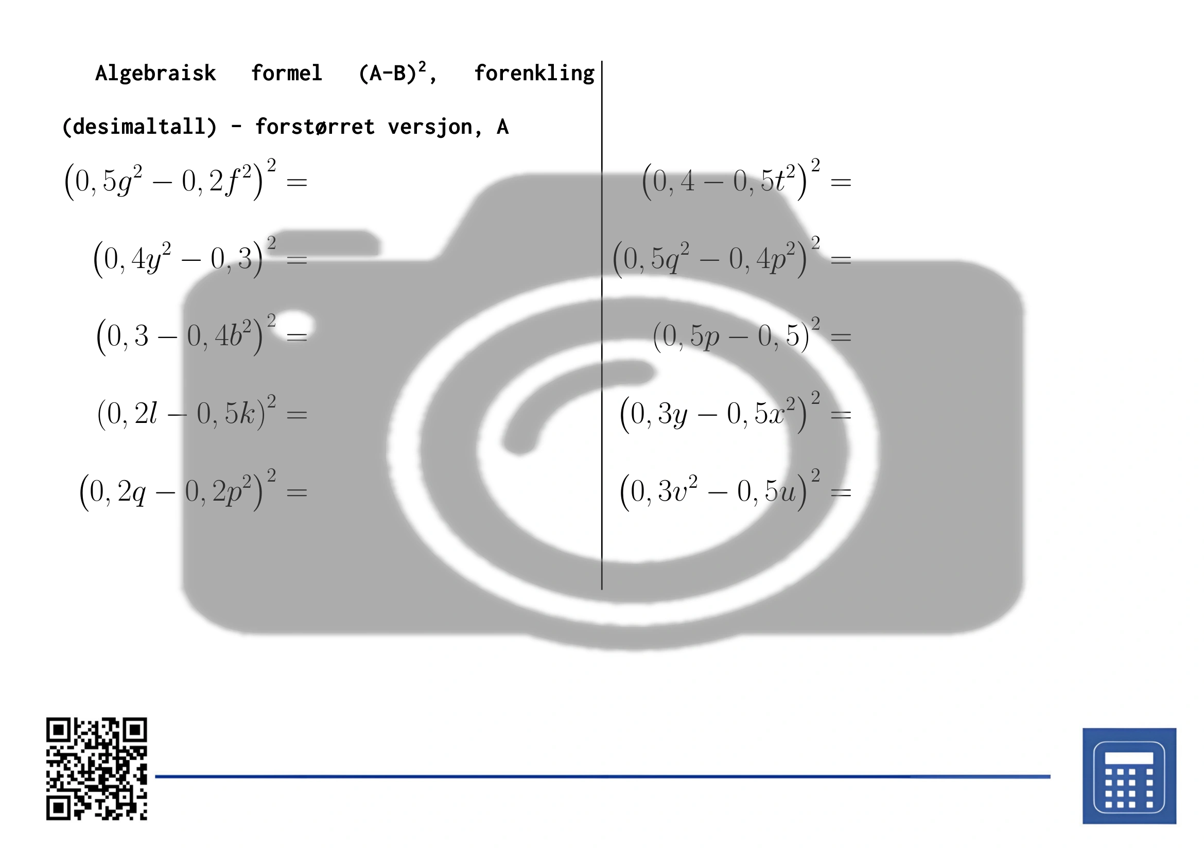 Arbeidsark: Algebraisk formel (A-B)², forenkling (desimaltall) - Bilde 3