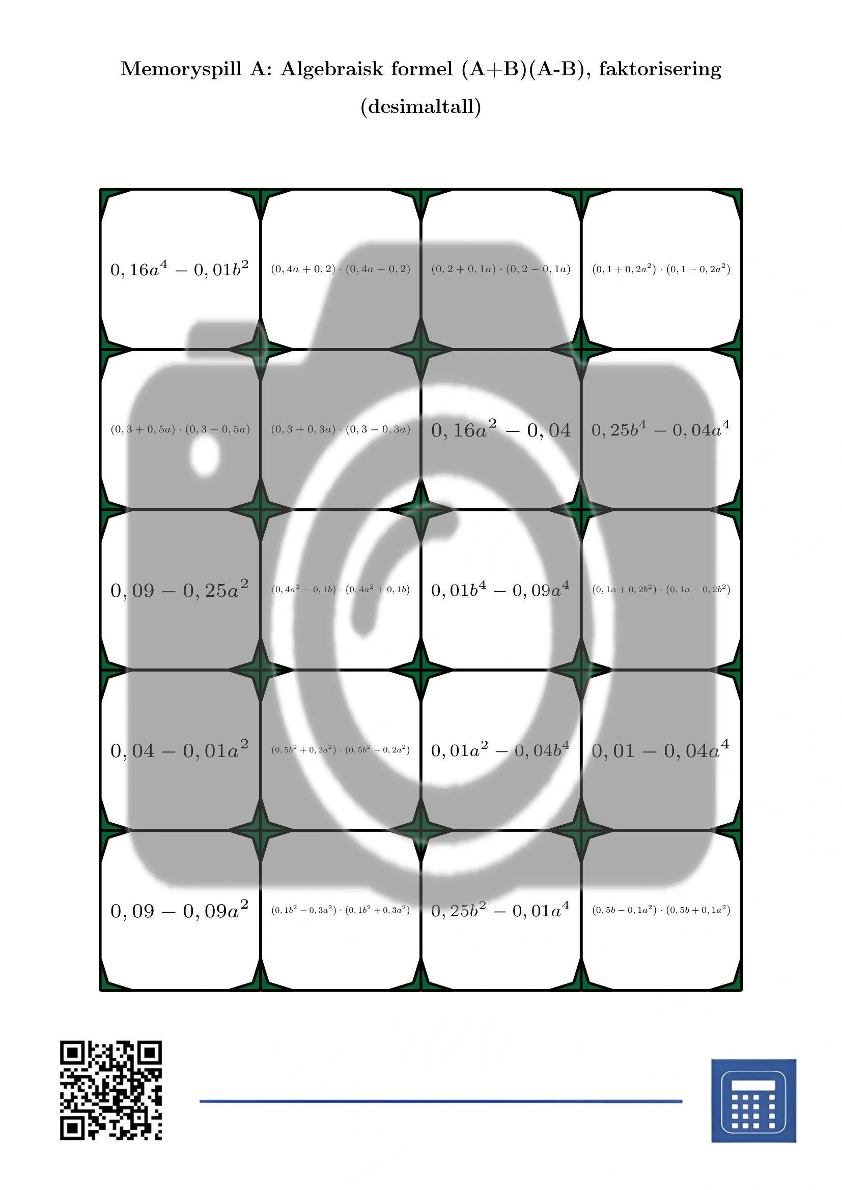 Memoryspill: Algebraisk formel (A+B)(A-B), faktorisering (desimaltall) - Bilde 2