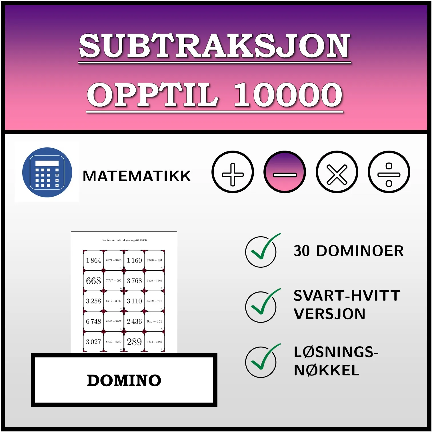 Domino: Subtraksjon opptil 10000
