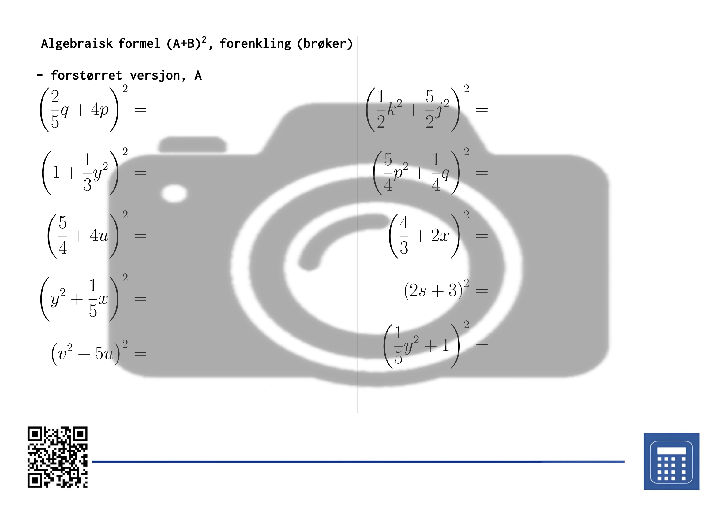 Arbeidsark: Algebraisk formel (A+B)², forenkling (brøker) - Bilde 3