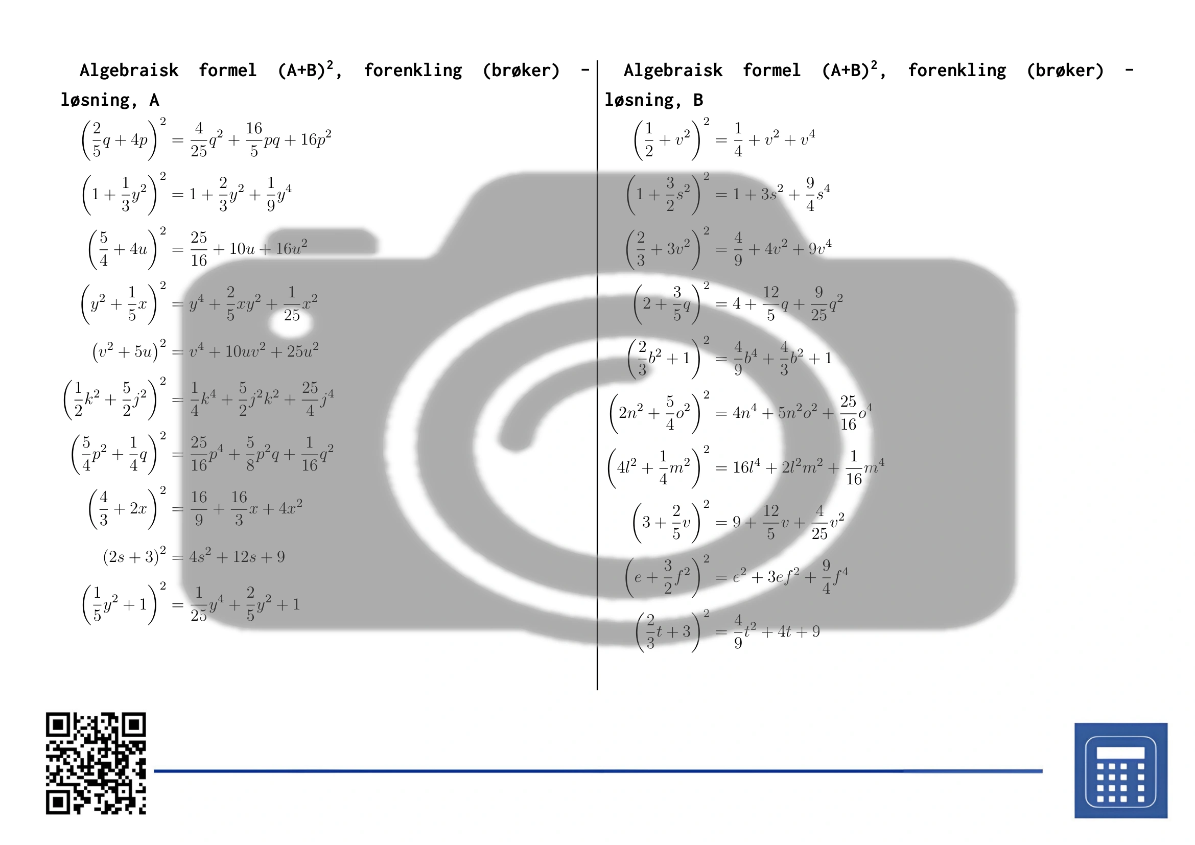 Arbeidsark: Algebraisk formel (A+B)², forenkling (brøker) - Bilde 4