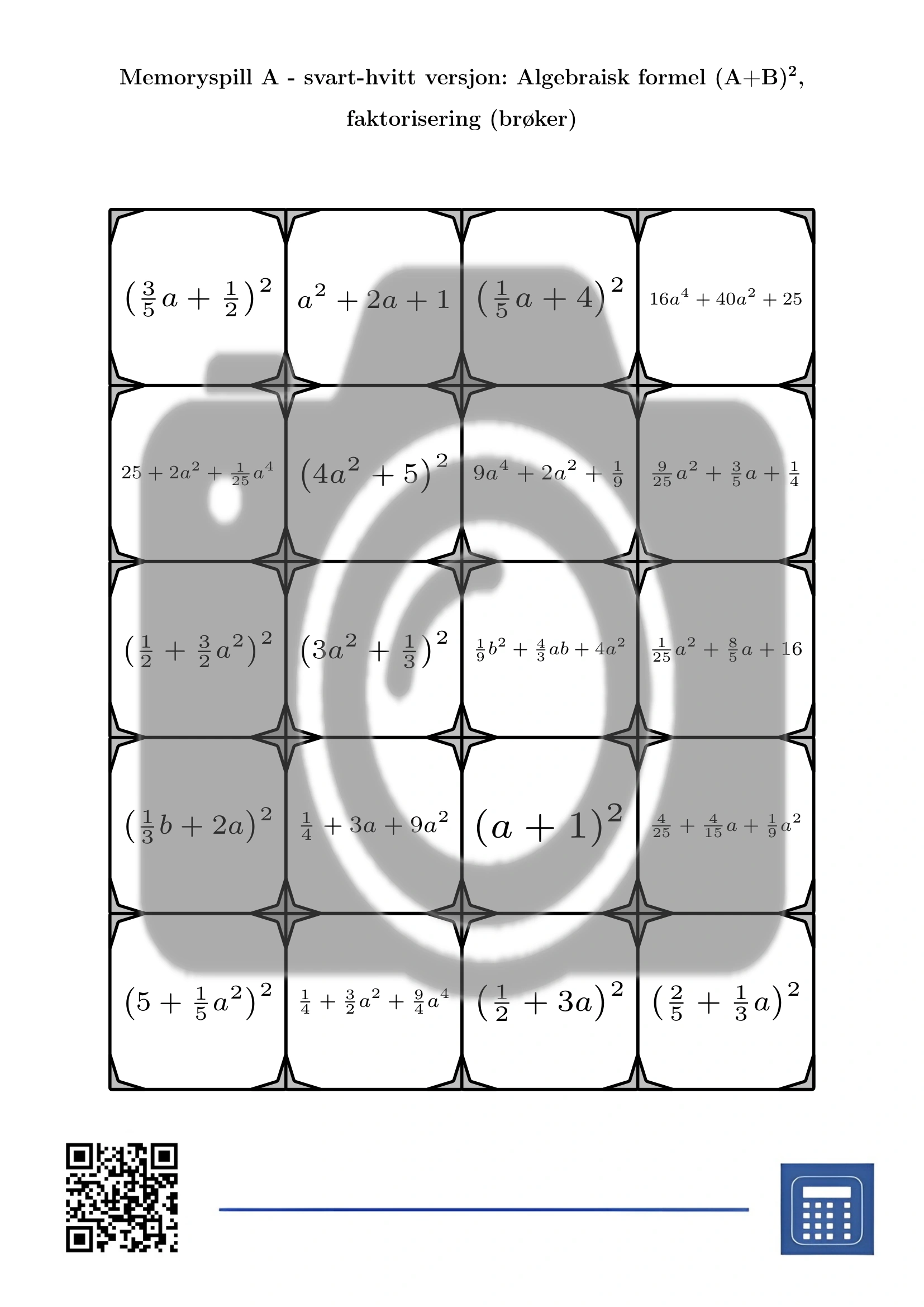 Memoryspill: Algebraisk formel (A+B)², faktorisering (brøker) - Bilde 3