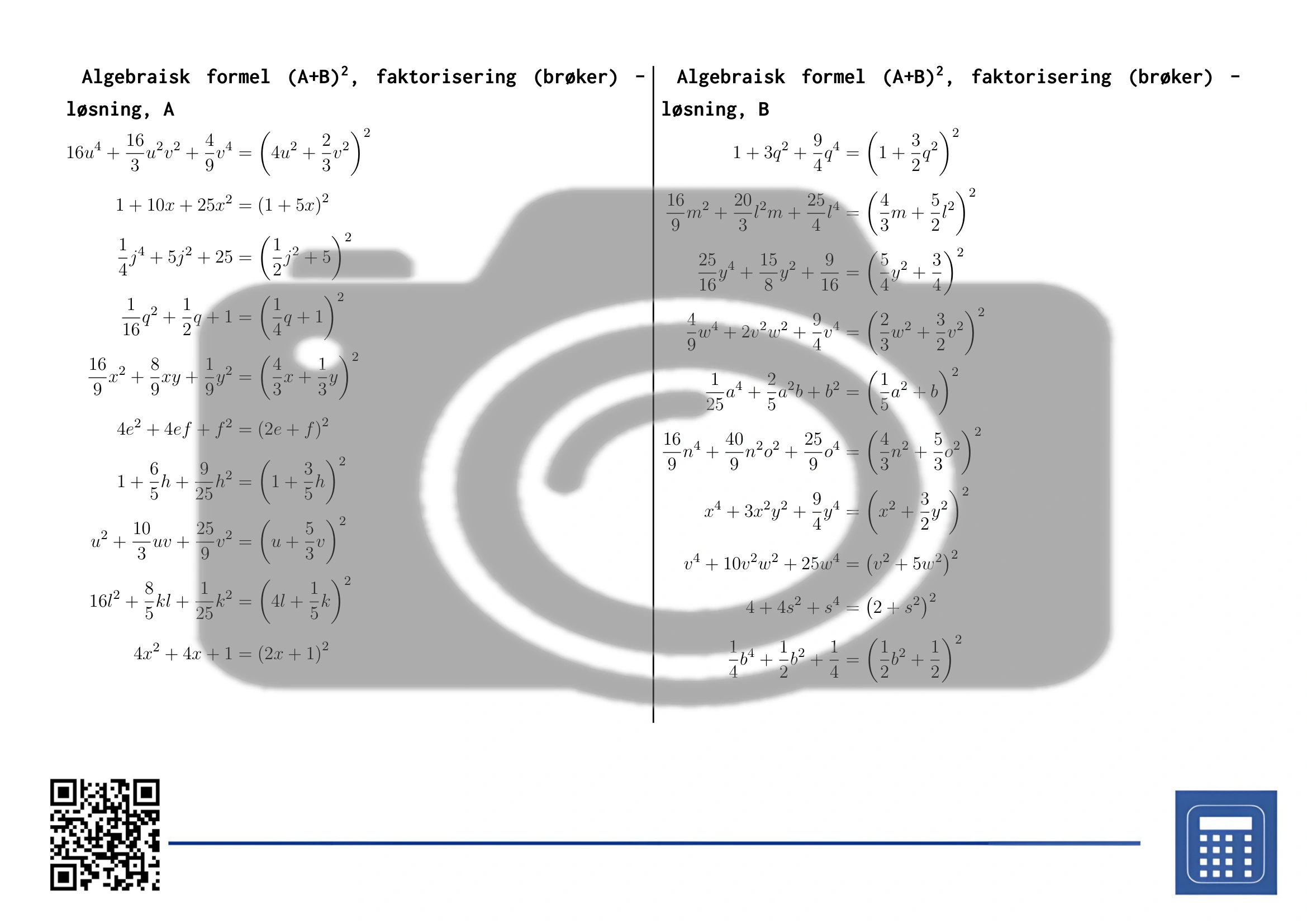 Arbeidsark: Algebraisk formel (A+B)², faktorisering (brøker) - Bilde 4