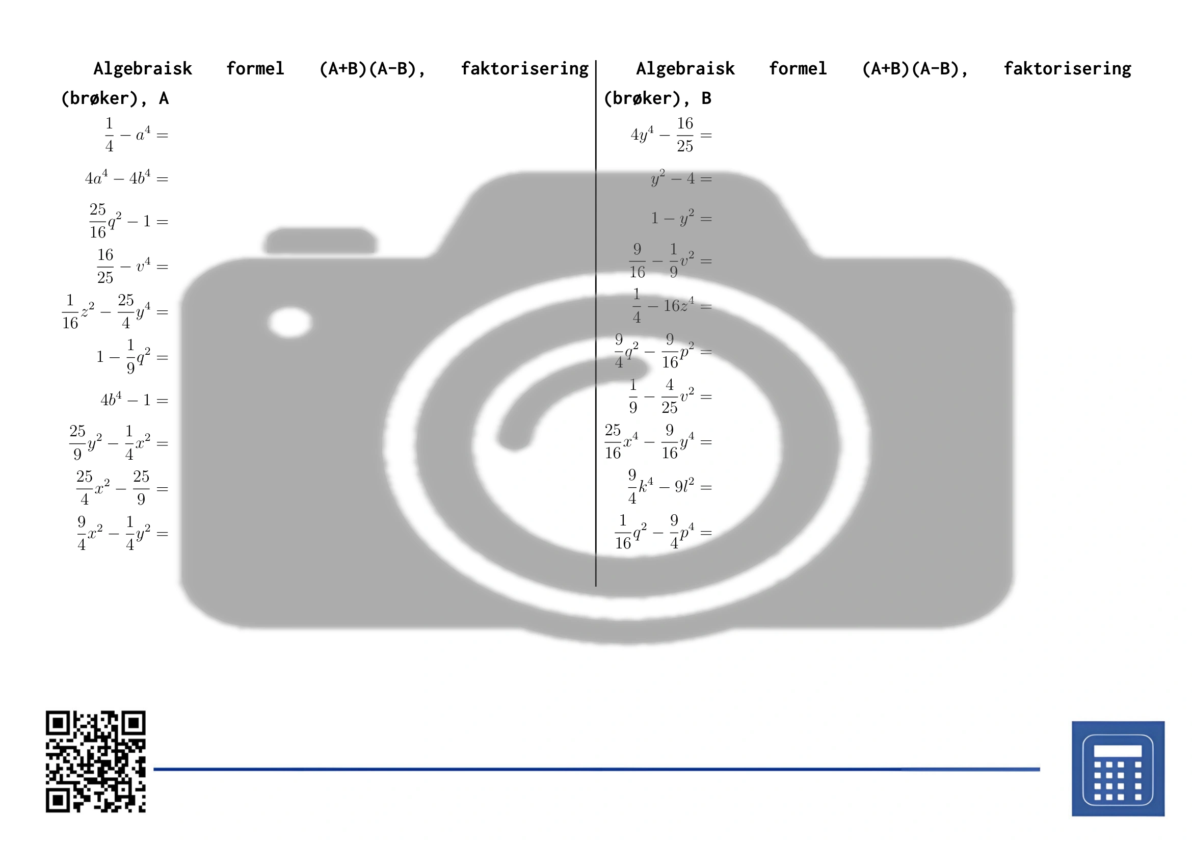 Arbeidsark: Algebraisk formel (A+B)(A-B), faktorisering (brøker) - Bilde 2