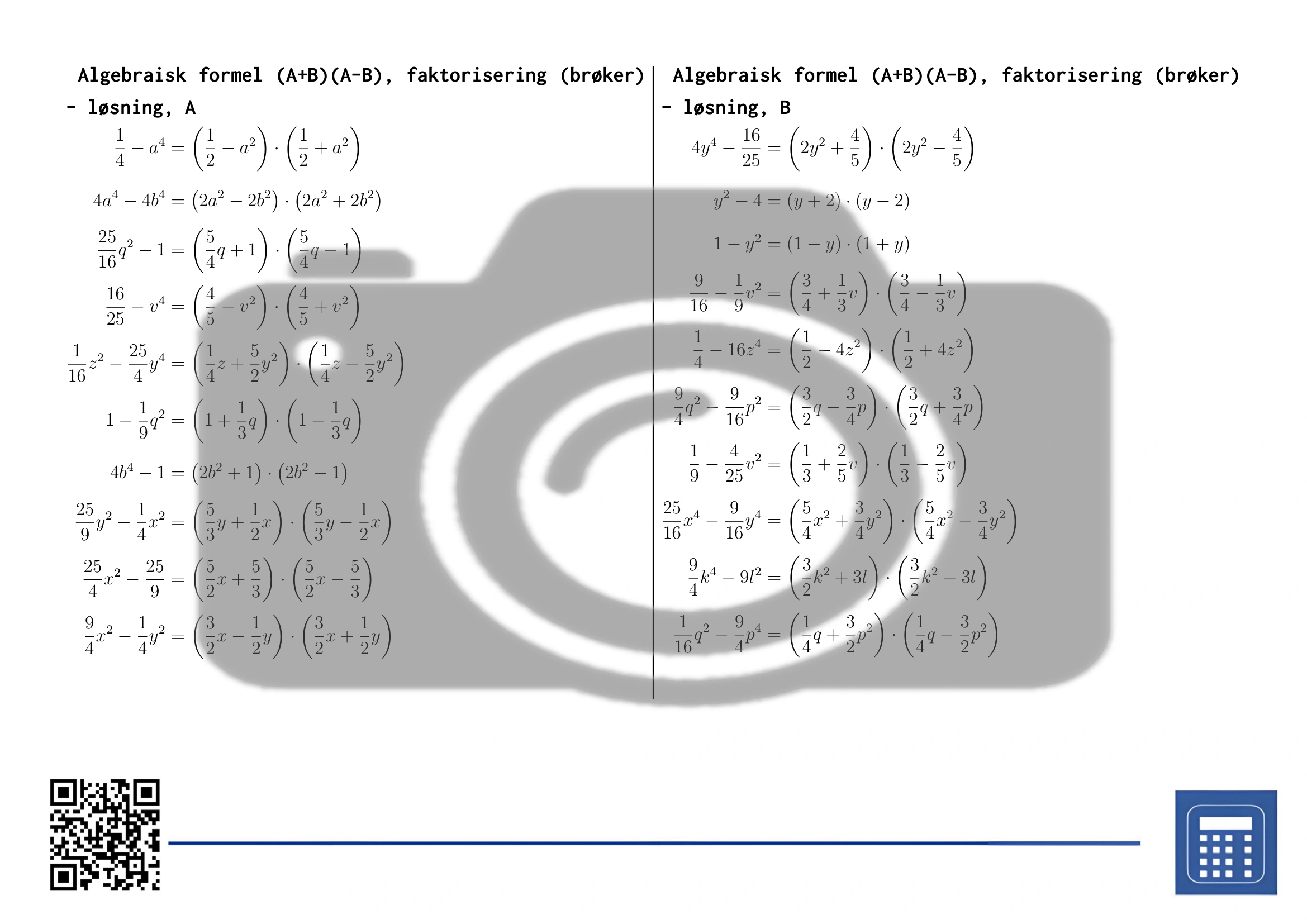 Arbeidsark: Algebraisk formel (A+B)(A-B), faktorisering (brøker) - Bilde 4