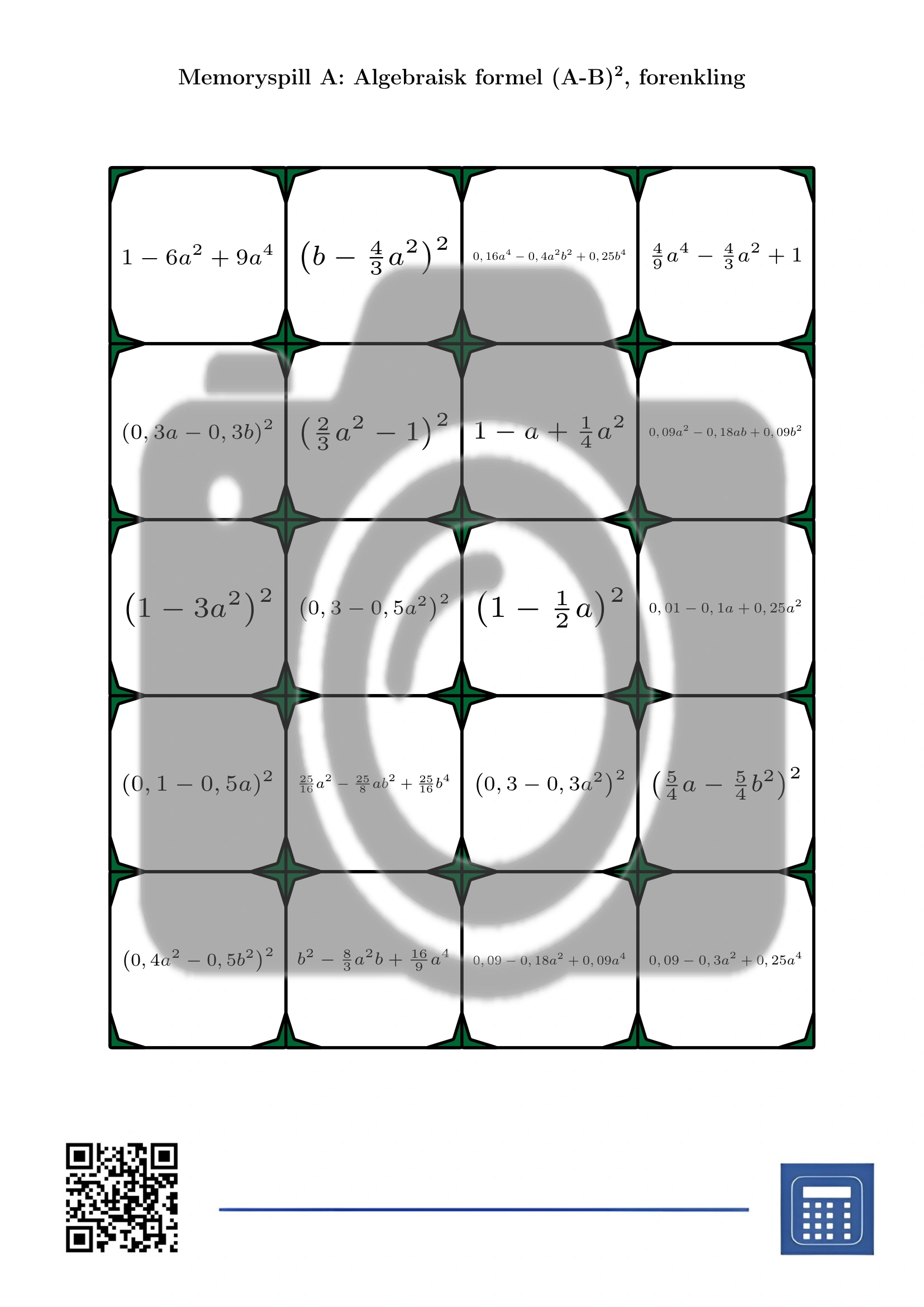 Memoryspill: Algebraisk formel (A-B)², forenkling - Bilde 2
