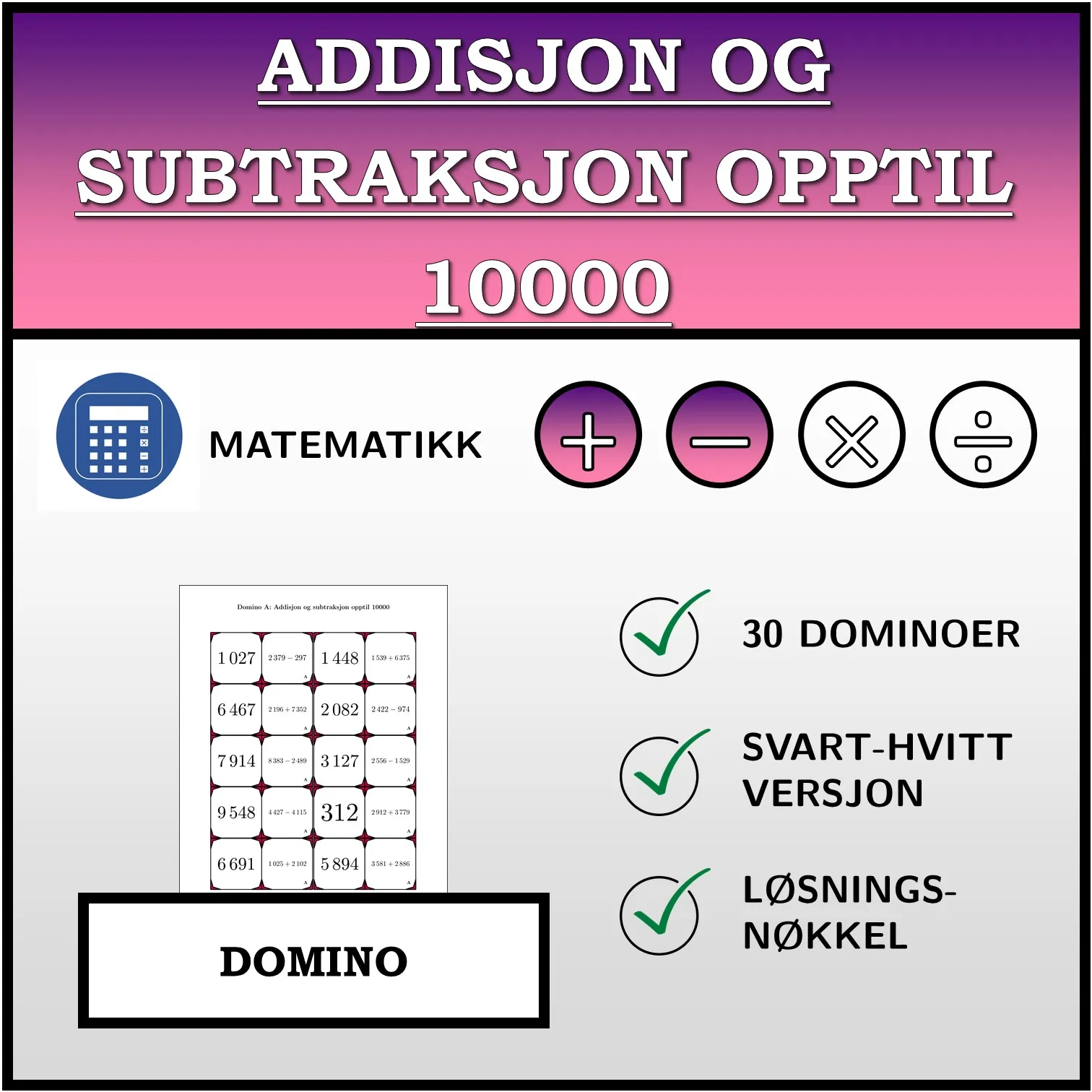 Domino: Addisjon og subtraksjon opptil 10000