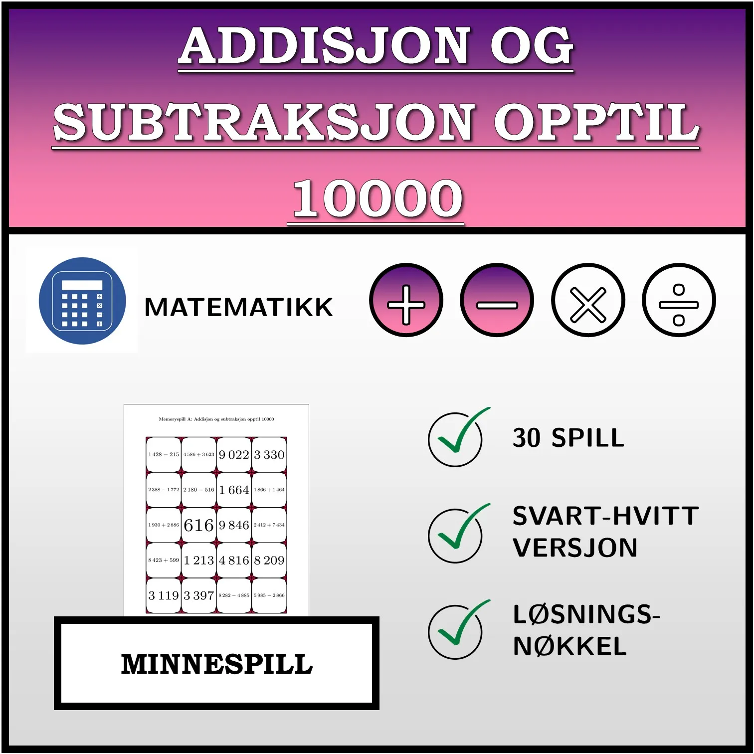 Memoryspill: Addisjon og subtraksjon opptil 10000