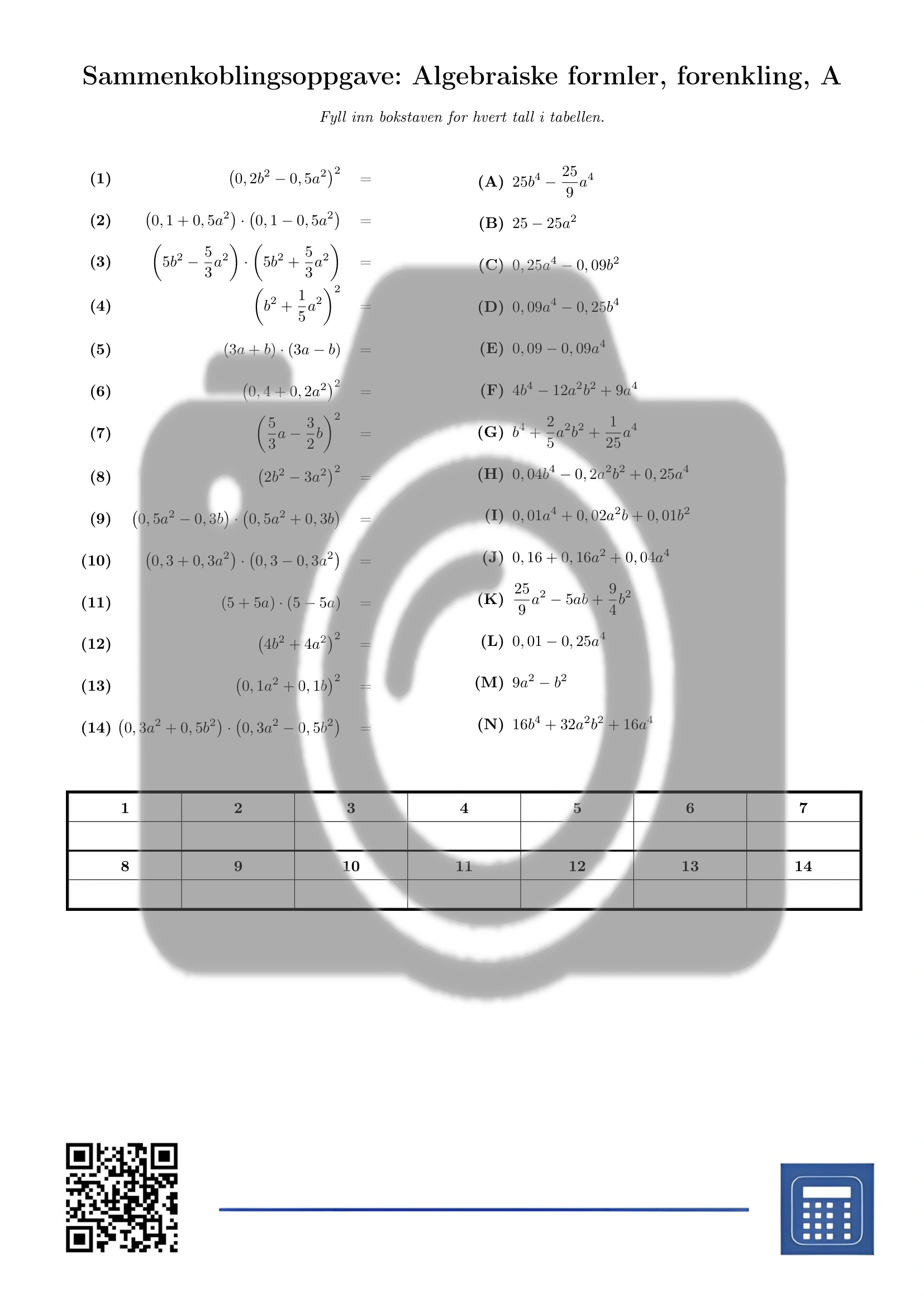 Sammenkoblingsoppgave: Algebraiske formler, forenkling - Bilde 2