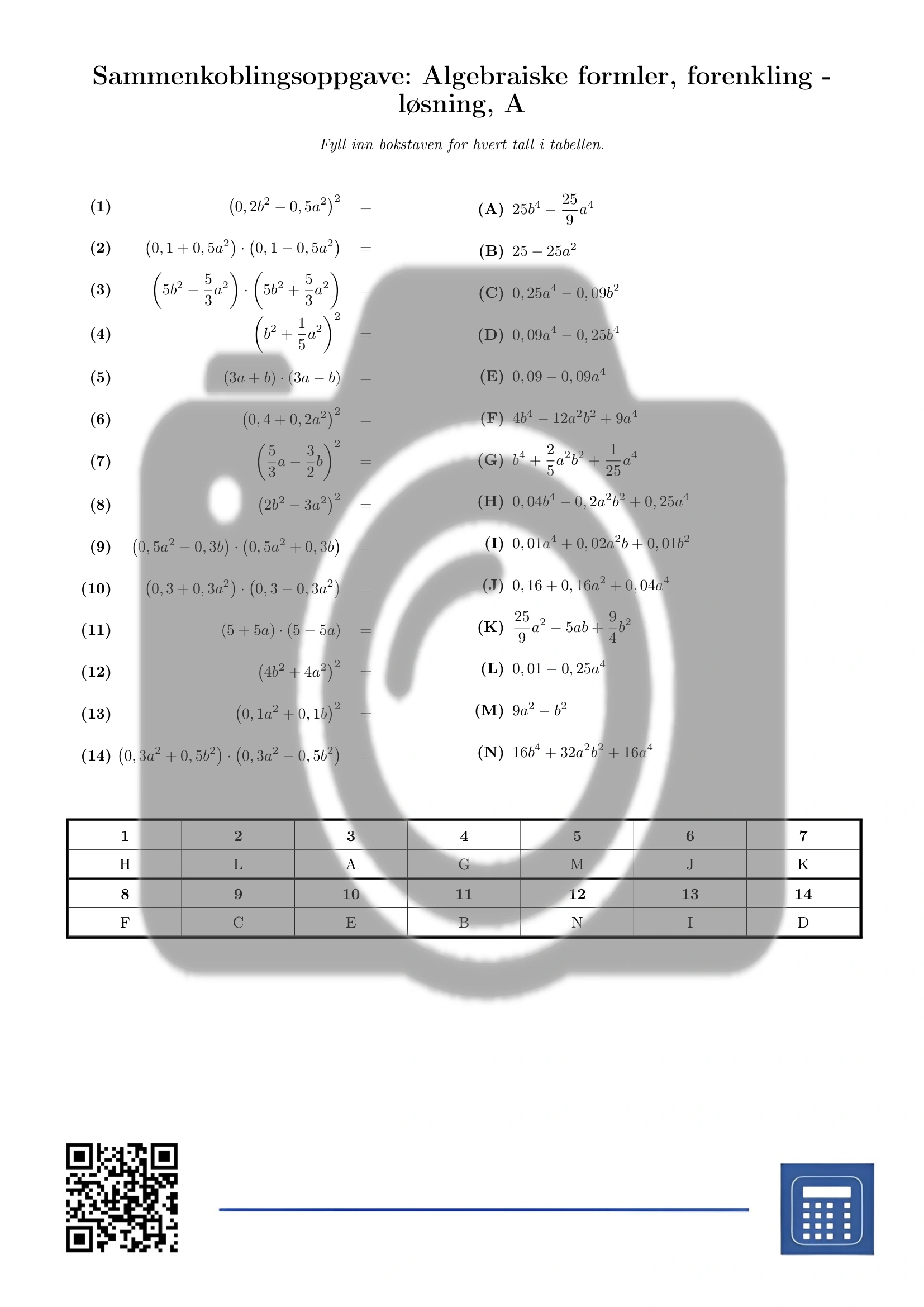 Sammenkoblingsoppgave: Algebraiske formler, forenkling - Bilde 3