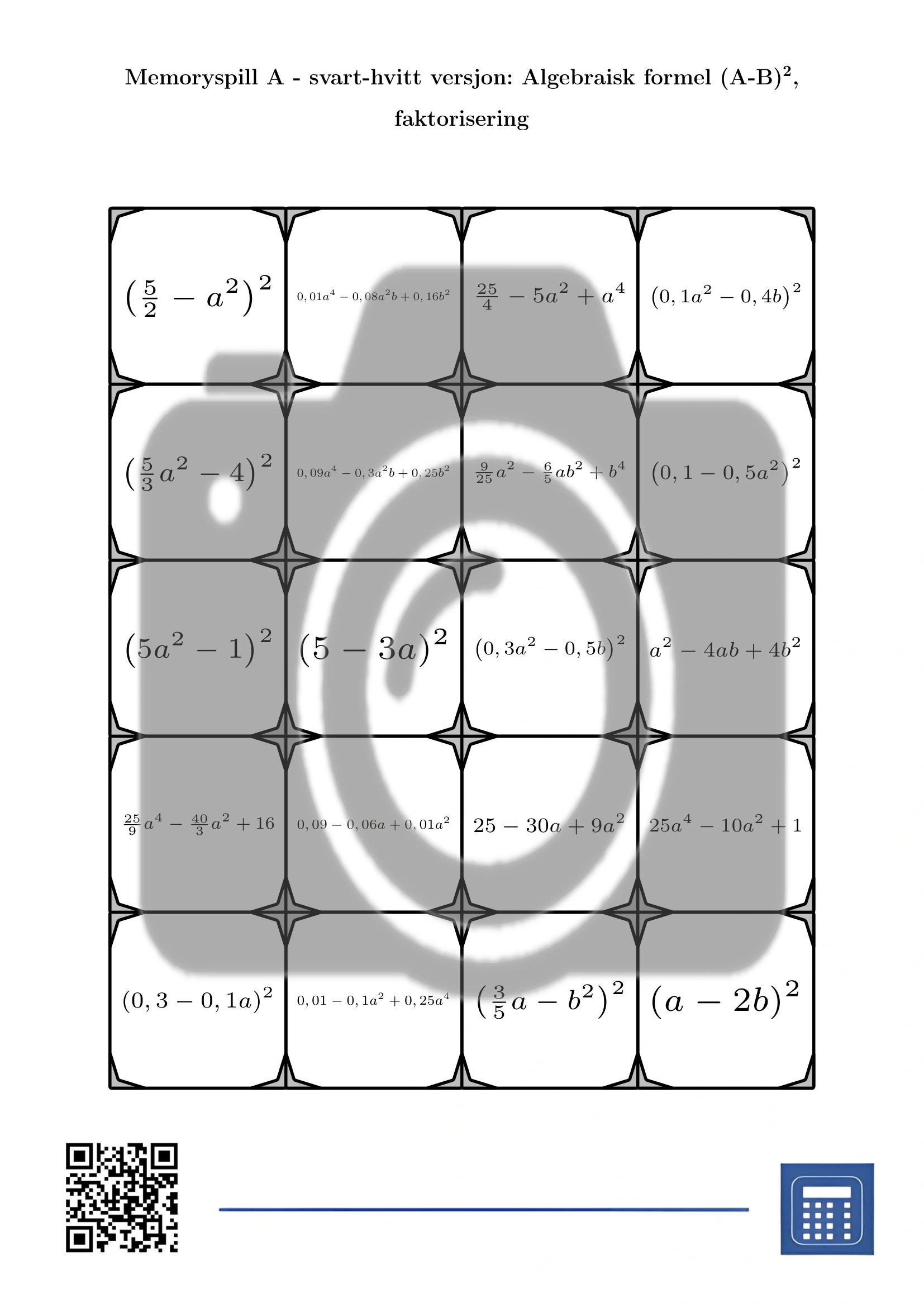 Memoryspill: Algebraisk formel (A-B)², faktorisering - Bilde 3