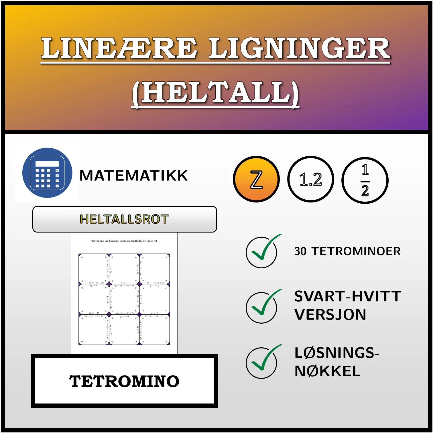 Tetromino: Lineære ligninger (heltall), heltallig rot