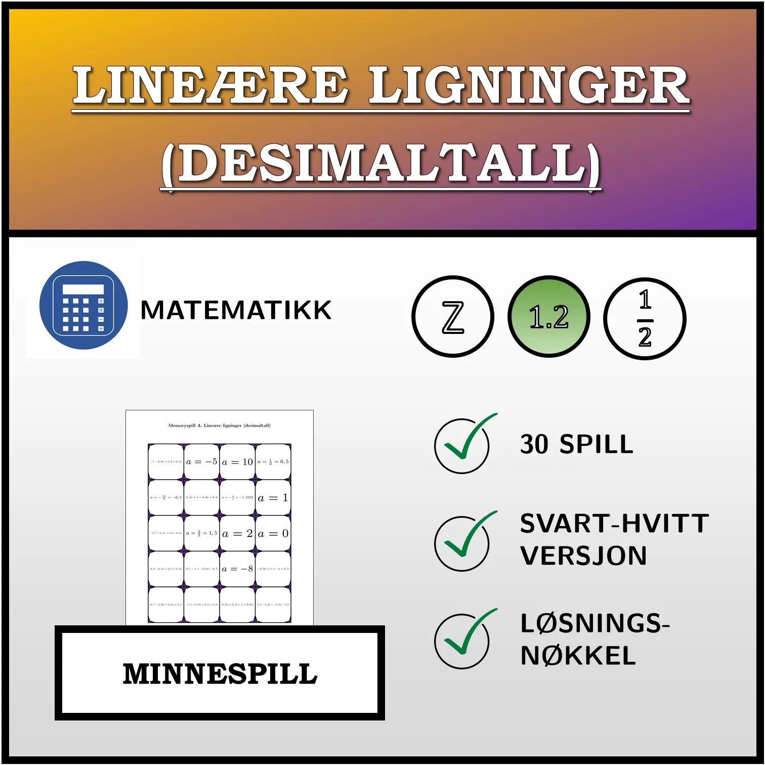 Memoryspill: Lineære ligninger (desimaltall)