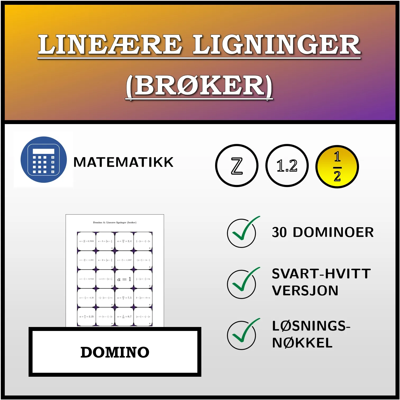 Domino: Lineære ligninger (brøker)