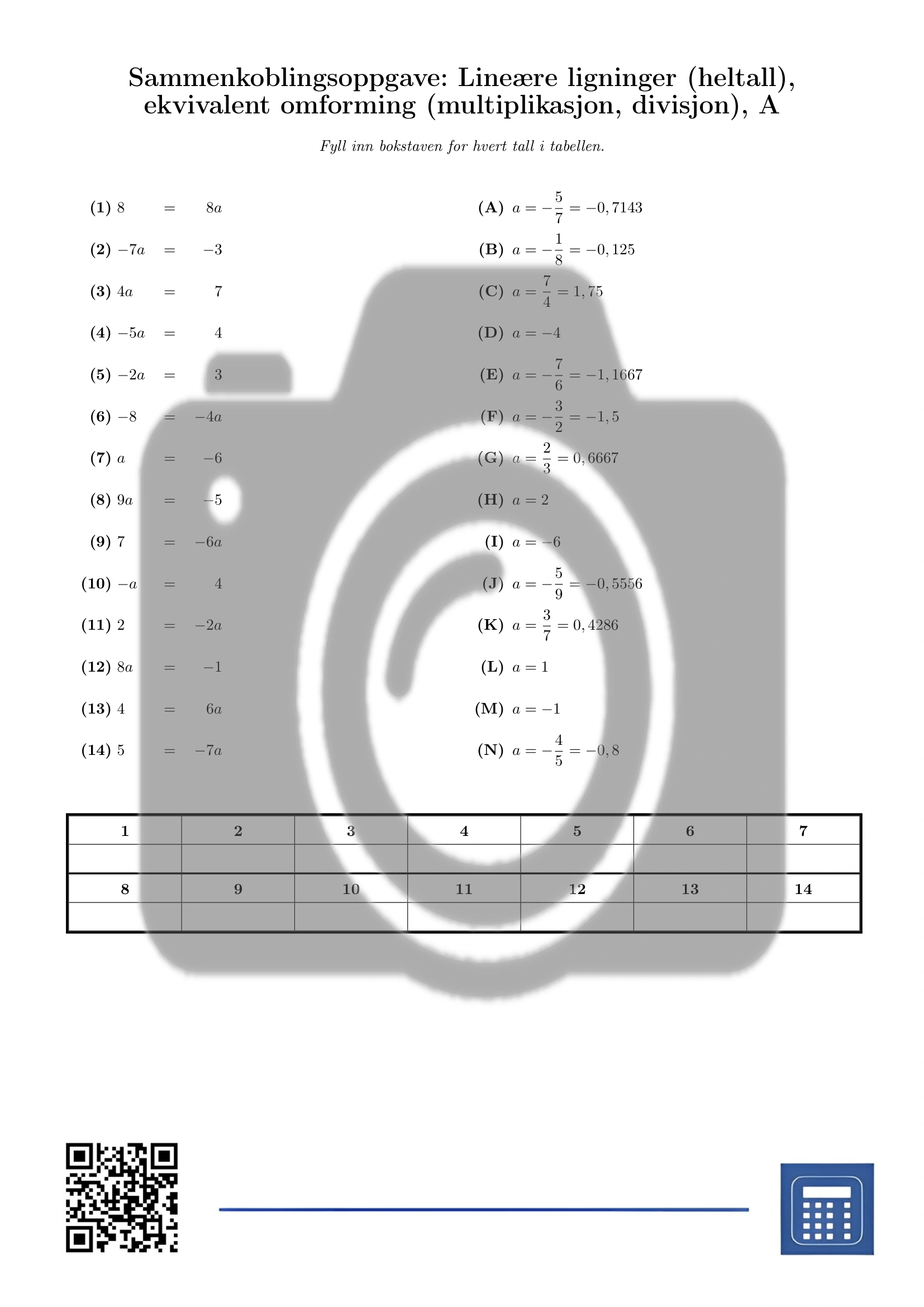 Sammenkoblingsoppgave: Lineære ligninger (heltall), ekvivalent omforming (multiplikasjon, divisjon) - Bilde 2
