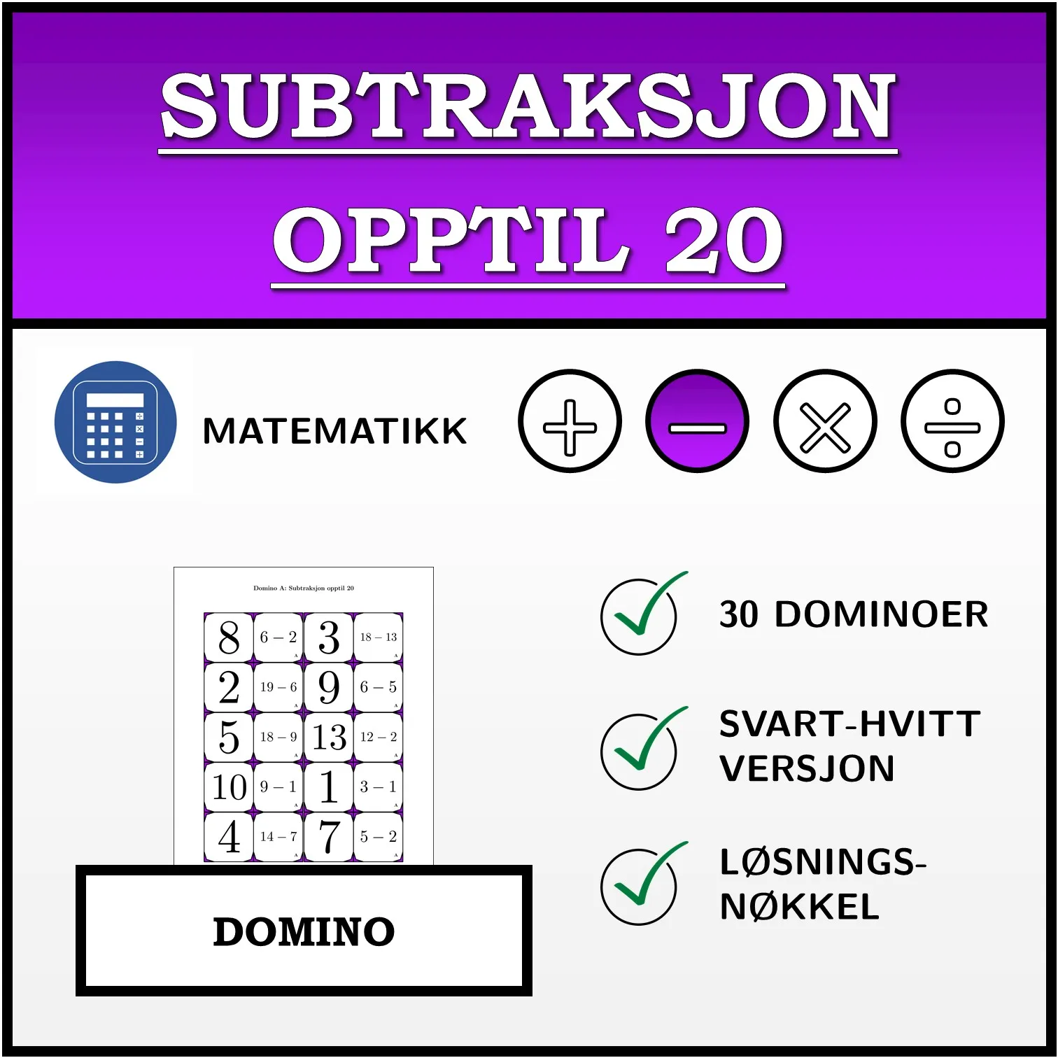 Domino: Subtraksjon opptil 20