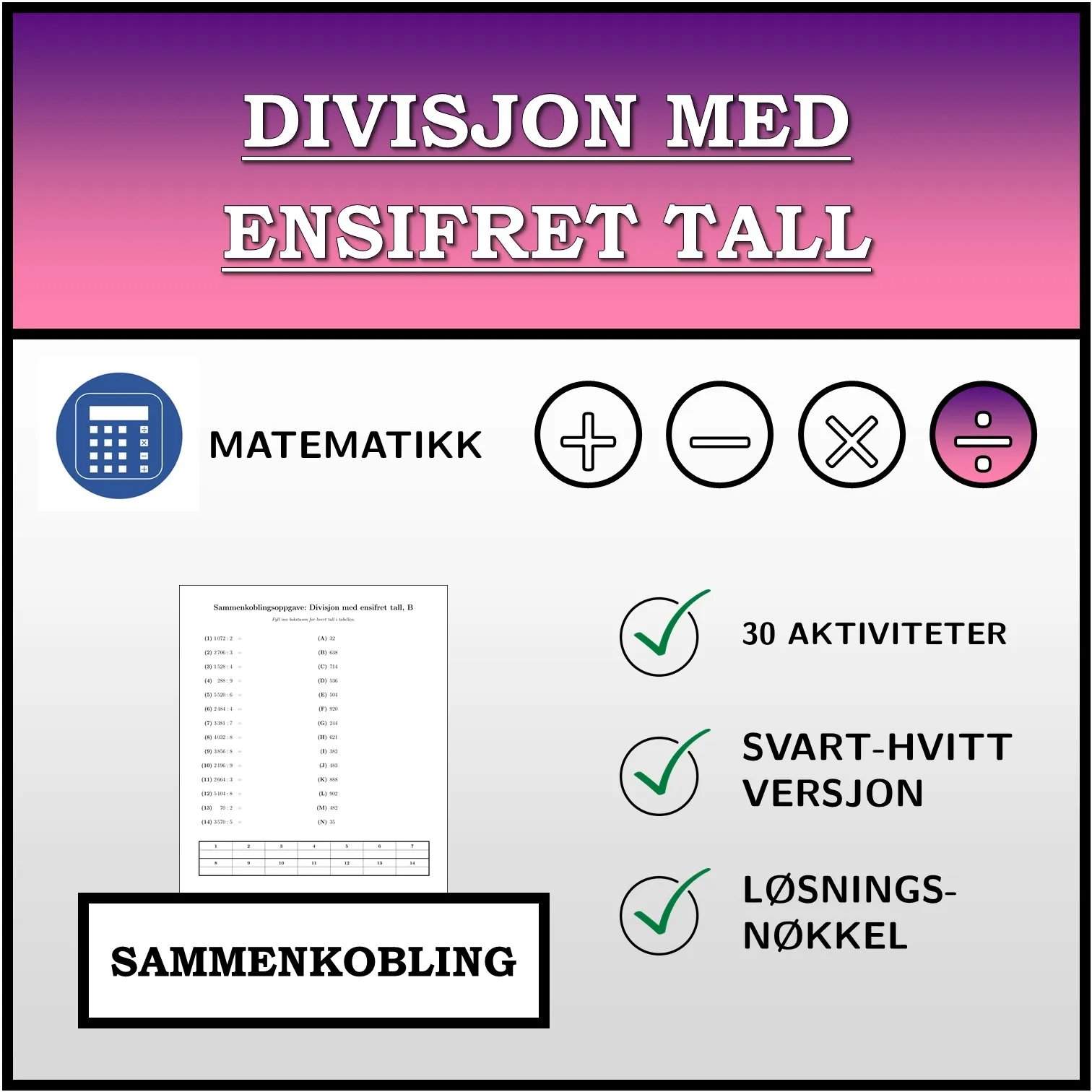 Sammenkoblingsoppgave: Divisjon med ensifret tall