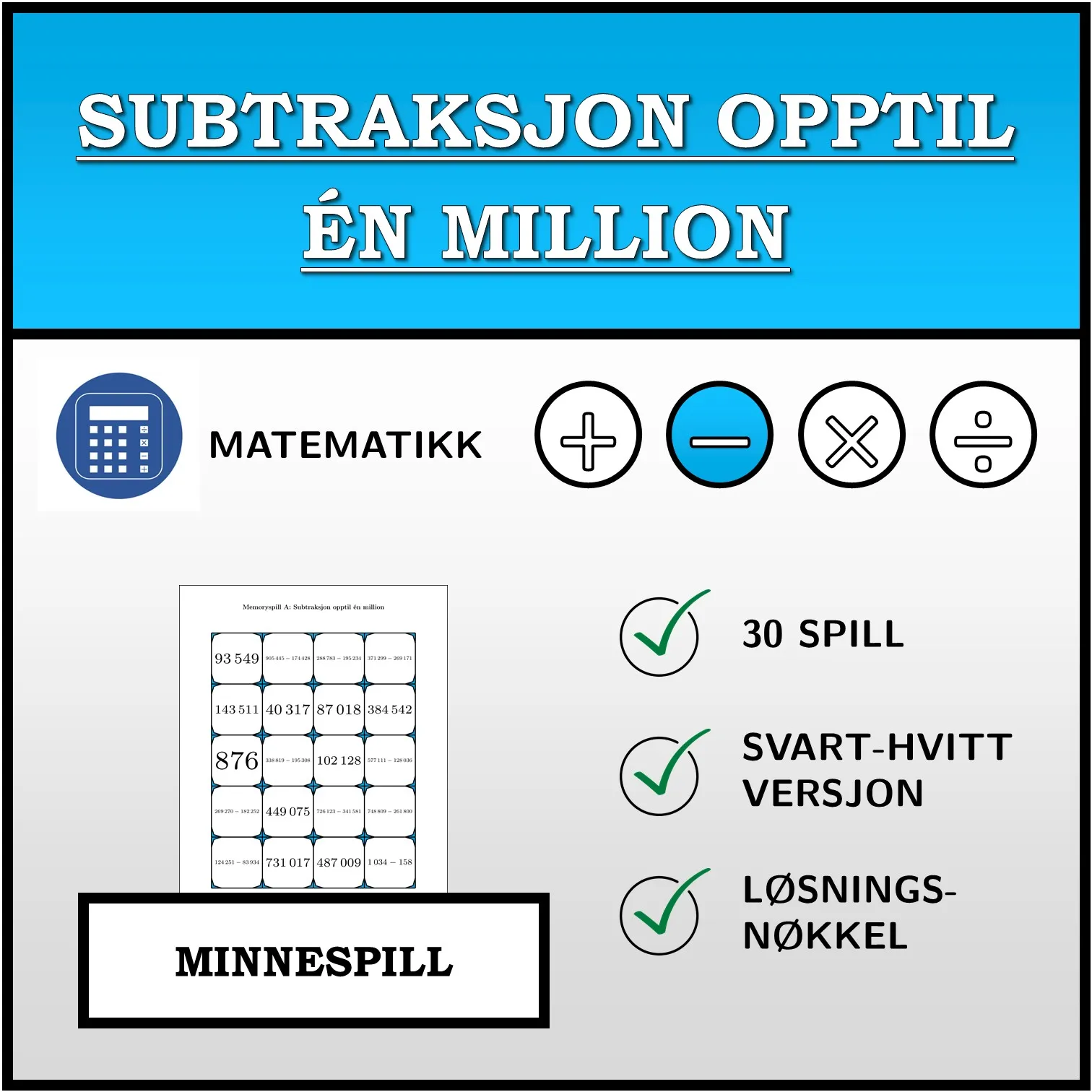 Memoryspill: Subtraksjon opptil én million