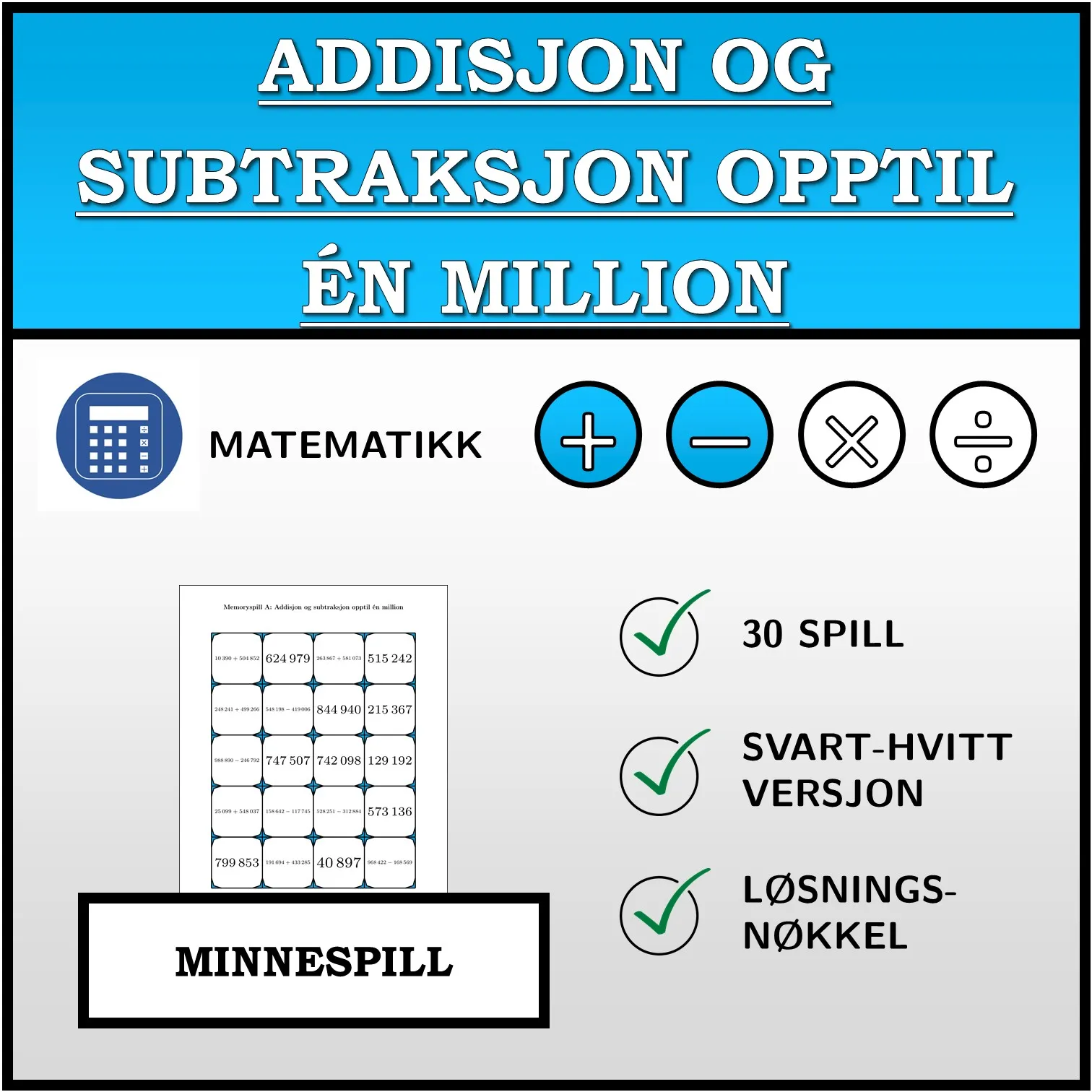 Memoryspill: Addisjon og subtraksjon opptil én million