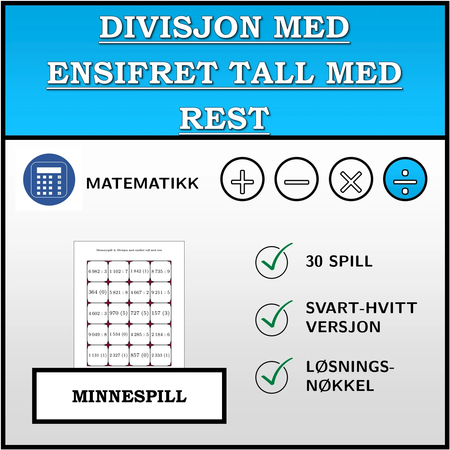 Memoryspill: Divisjon med ensifret tall med rest