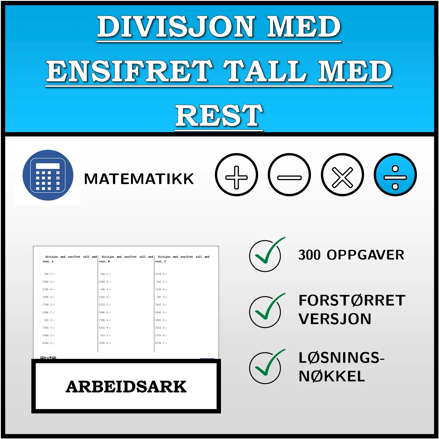 Arbeidsark: Divisjon med ensifret tall med rest