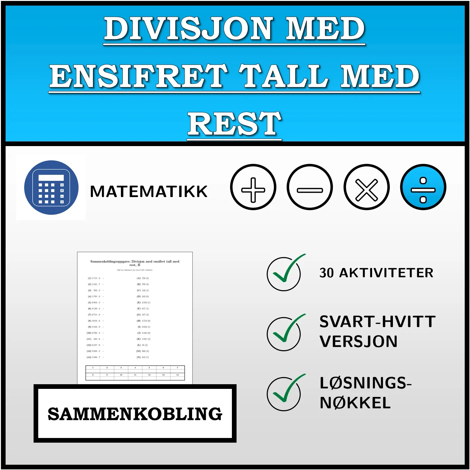 Sammenkoblingsoppgave: Divisjon med ensifret tall med rest