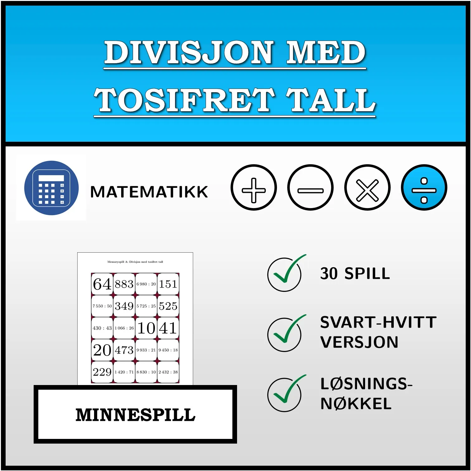 Memoryspill: Divisjon med tosifret tall
