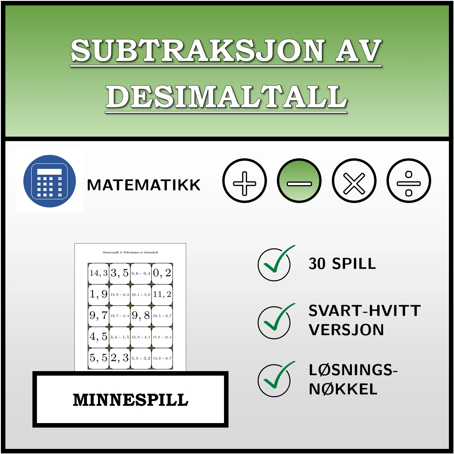 Memoryspill: Subtraksjon av desimaltall