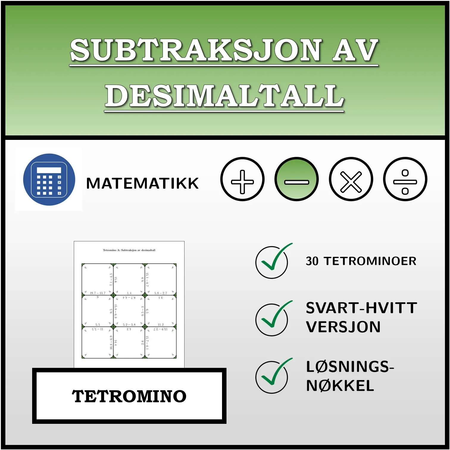 Tetromino: Subtraksjon av desimaltall