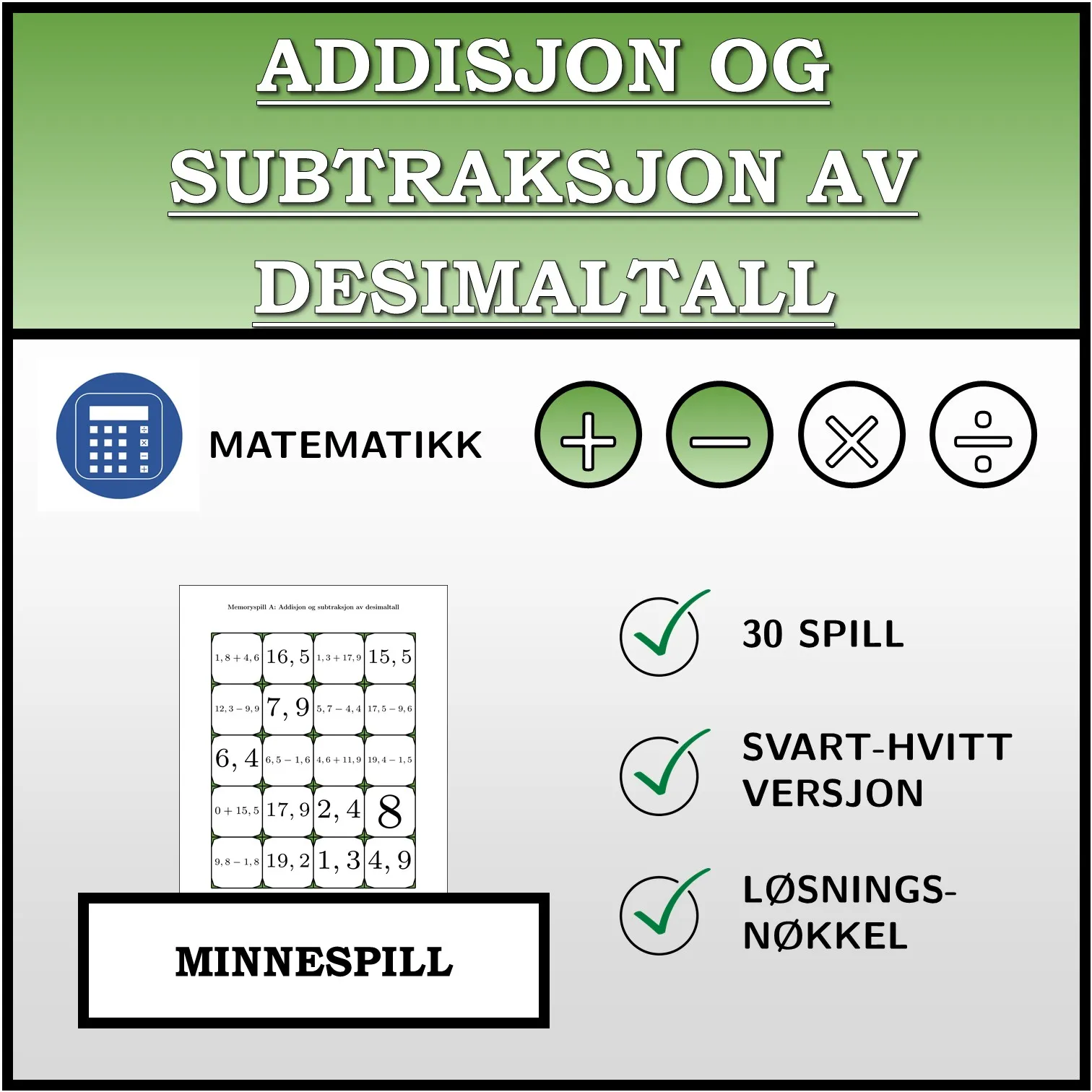 Memoryspill: Addisjon og subtraksjon av desimaltall