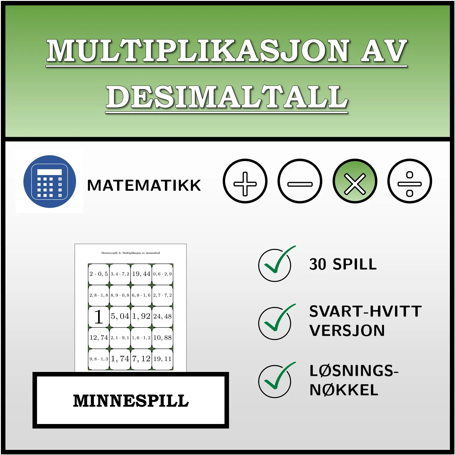 Memoryspill: Multiplikasjon av desimaltall