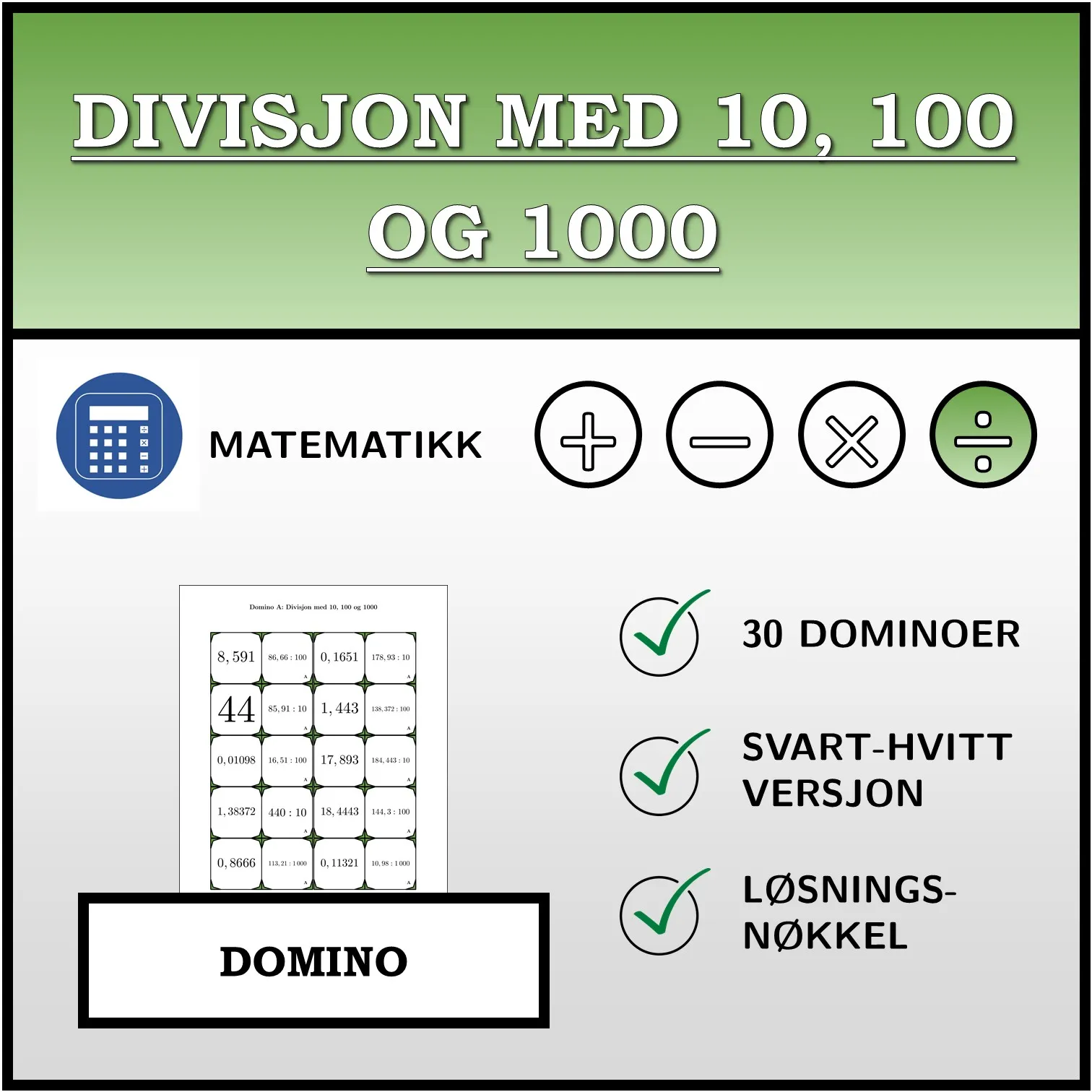 Domino: Divisjon med 10, 100 og 1000